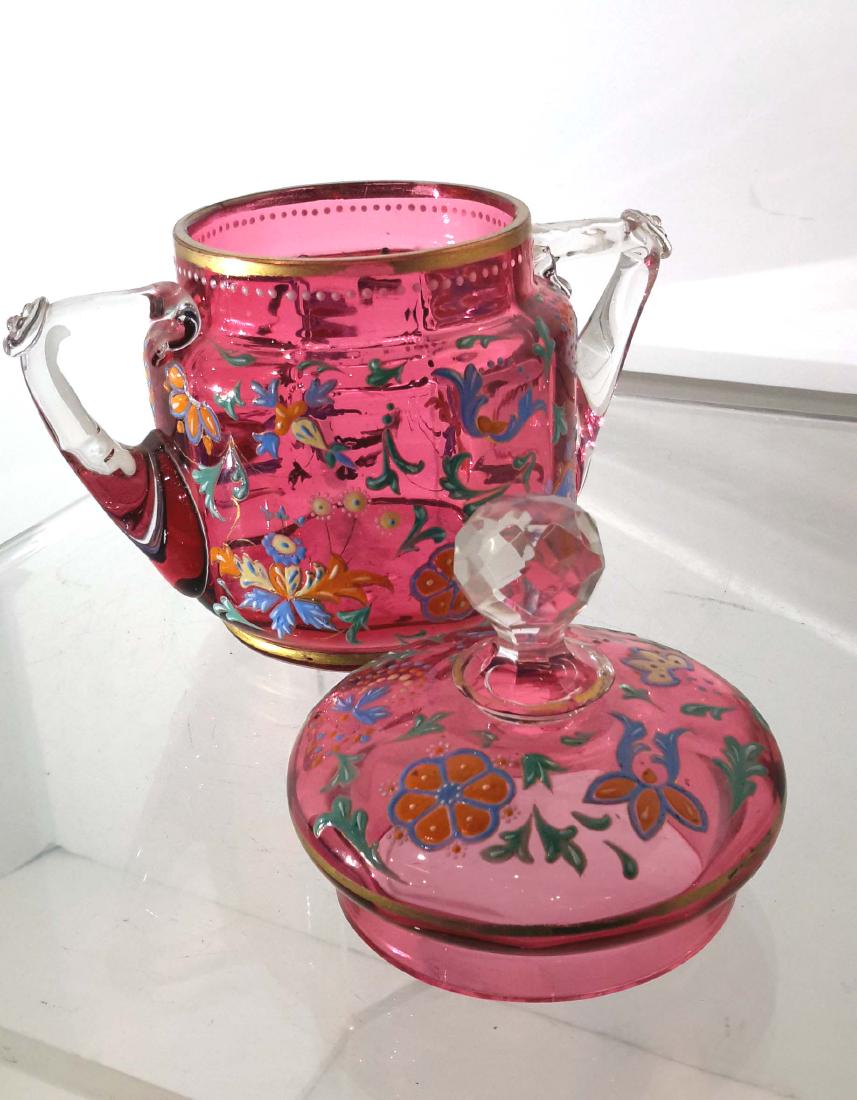 Moser Factory Enameled Cranberry Glass Covered Jar,