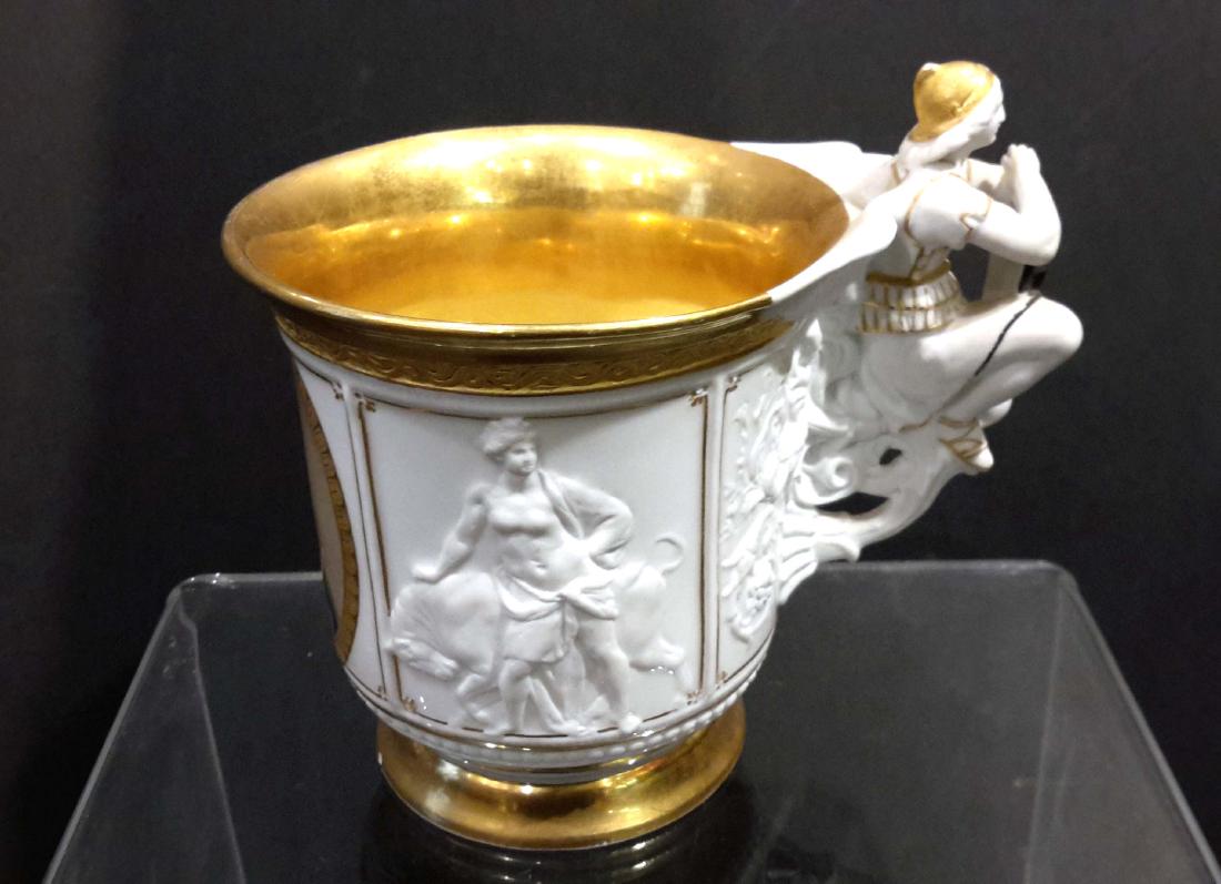 KPM Figural Porcelain Coffee Cup 19C: KPM Figural Porcelain Coffee Cup 19C., Approx: Measurements, High 4 3/4 inches, Wide 4 1/2 inches