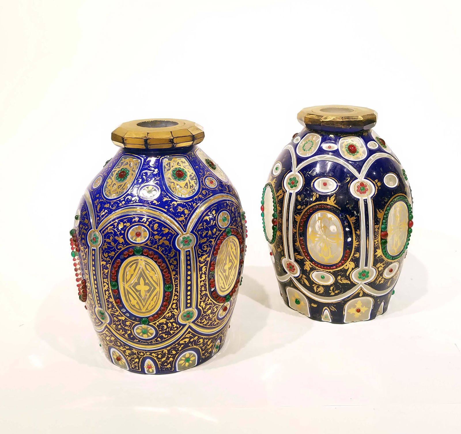 2 Antique Bohemian Jeweled Overlay Glass Bottle. (1 of 10)