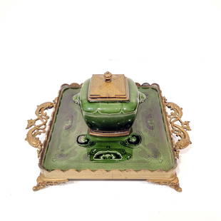 Theodore Deck Chinoiserie Inkwell: Grat quality signed T.H.Deck on the top of the ground ceramic and underneath as well. Glazed ceramic and bronze Chinoiserie inkwell circa 1880's. In good condition except for a small wear to the side,