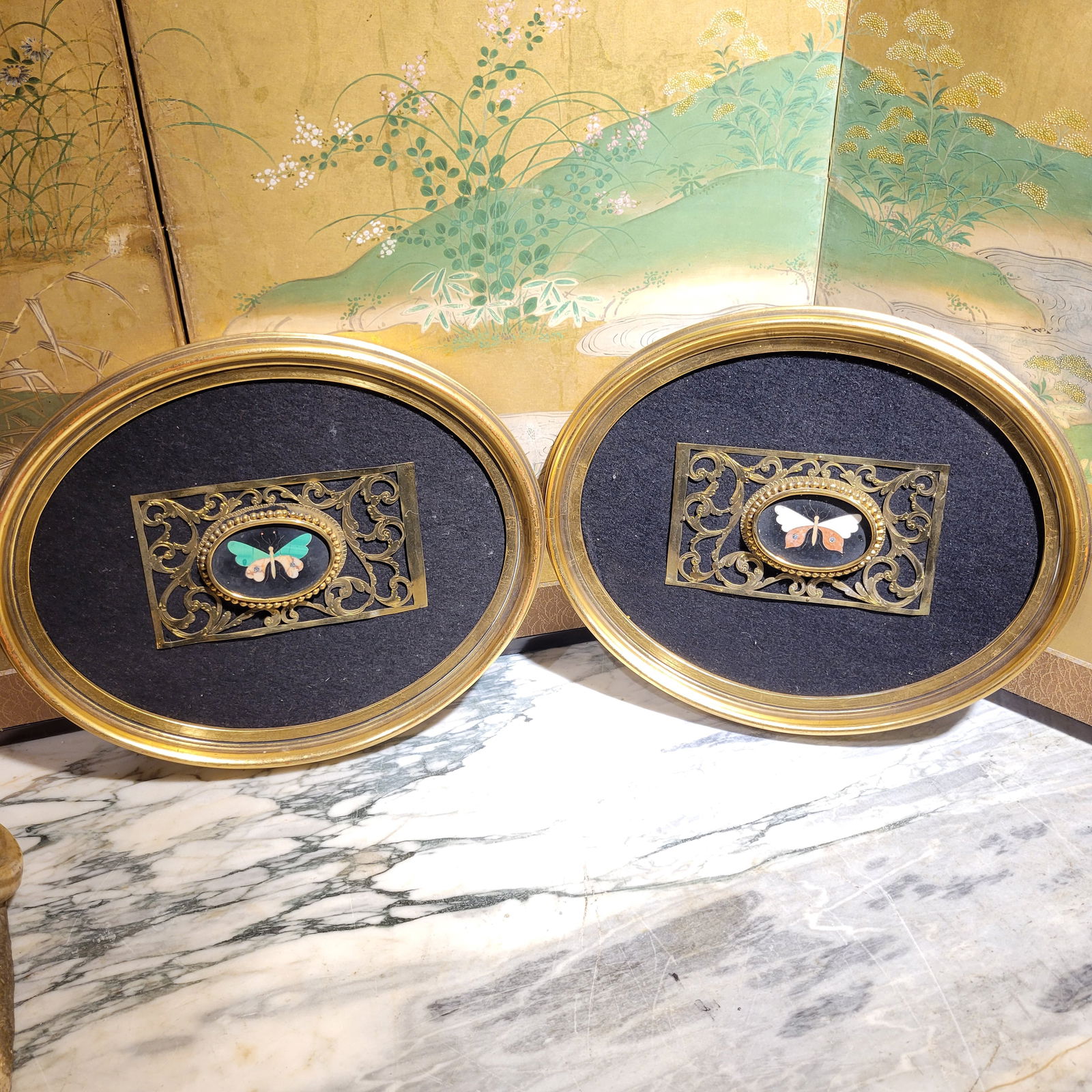 Pair Of Antique Pietra Dura Butterfly Plaques Mounted In Gilt Bronze And Framed. (1 of 9)