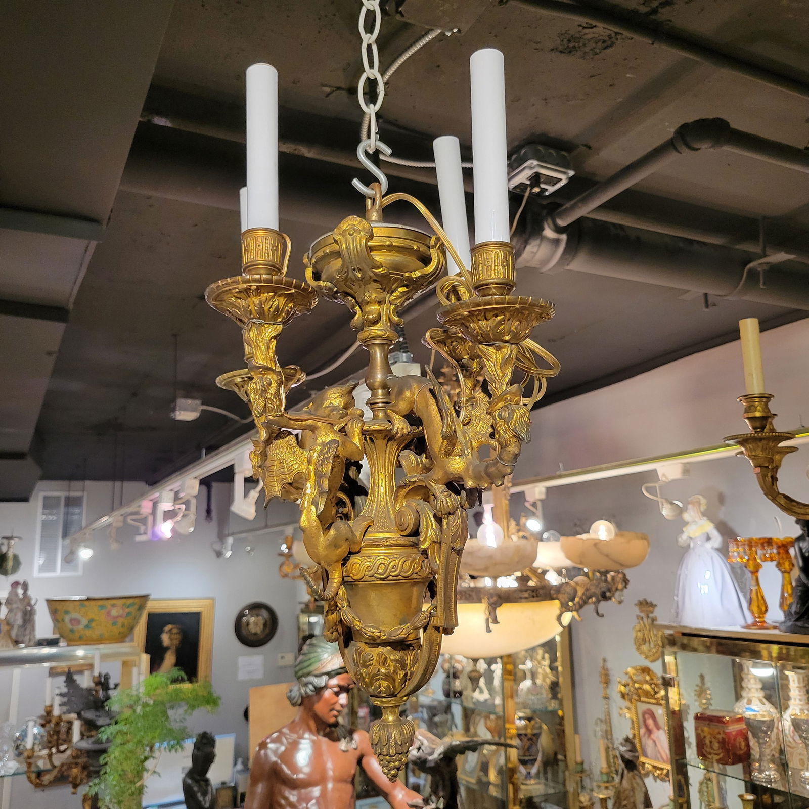 French Gilt Bronze 4 Light Chandelier With Dragons Antique 19C. (1 of 10)