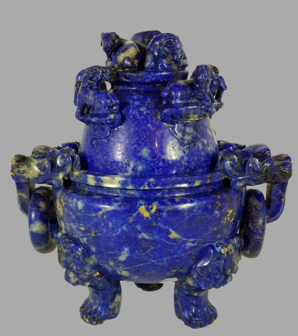 A CHINESE LAPIS LAZULI CARVED 'EIGHT RAMS' CENSER (1 of 7)