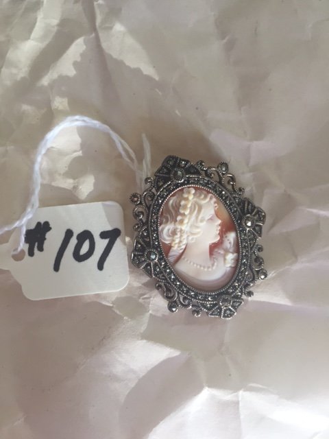 Medium Cameo & Sterling: Medium Cameo & Sterling Marcasite Frame, Frame Numbered and Signed, Cameo also Signed. SB - $45