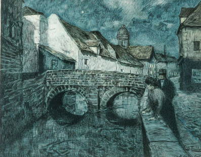 HANS HOLM (1878-1946). AFTER FRITS THAULOW (1847-1906): Hans Holm (1878-1946). After Frits Thaulow (1847-1906)Pont d'AmiensColour etching, signed 'Frits Thaulow and H. Holm Lith' in the plate.Framed. H : 50 cm Width : 62,5 cm