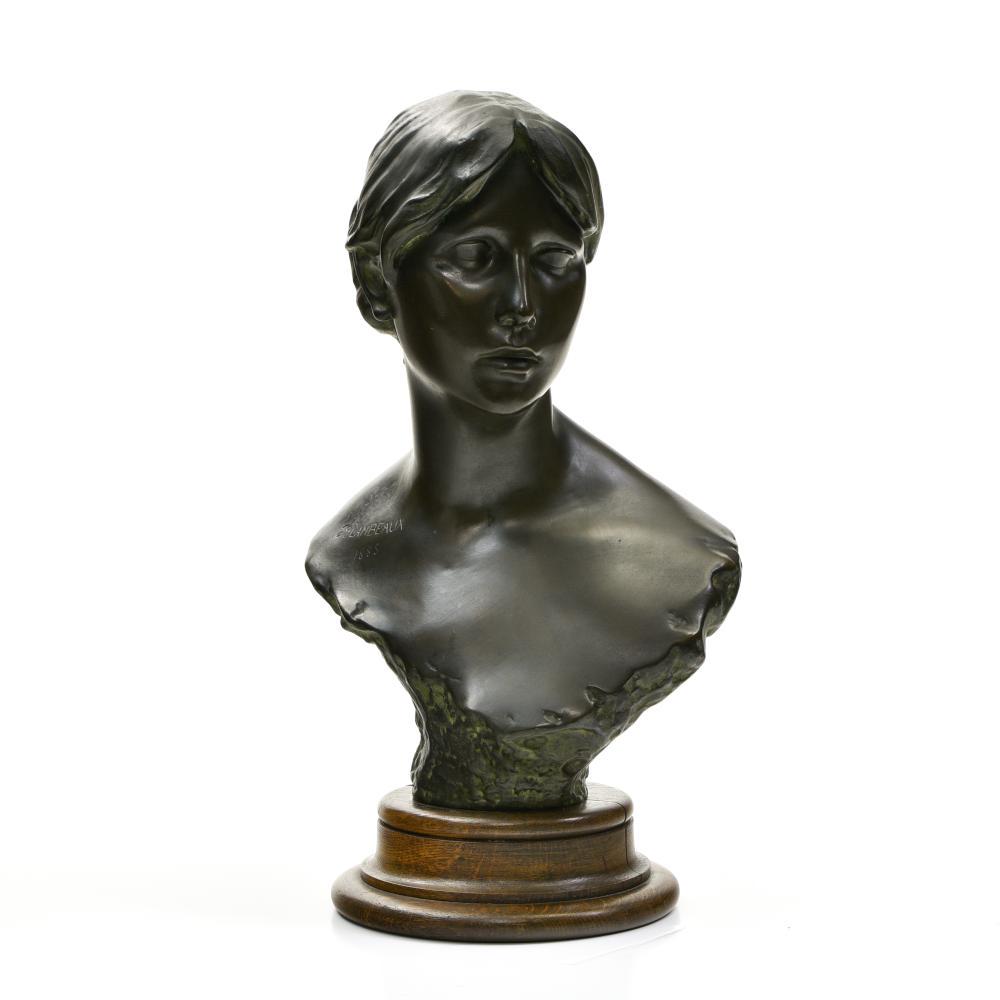 JEF LAMBEAUX (1852-1908): Jef Lambeaux (1852-1908)Bust of a young woman, 1855Bronze sculpture, signed and dated, moulded wood base. H : 58 cm