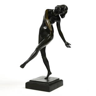 LOUIS-MARIE-JULES DELAPCHIER (ACT.1900-1930): Louis-Marie-Jules Delapchier (Act.1900-1930)Nude dancer, 1919Bronze sculpture with black patina, signed on the terrace. H : 33,5 cm Width : 17 cm Depth : 14 cm