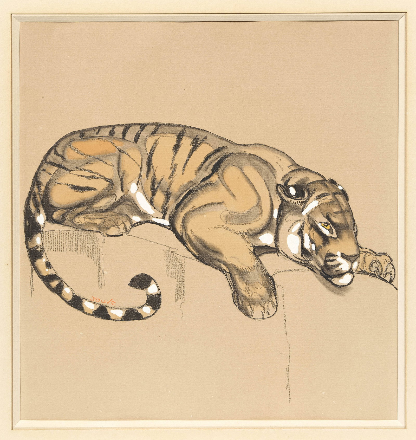 Paul JOUVE: Paul JOUVE « Tigre » – circa 1920 Aquarelle, gouache et crayon sur papier Signé au niveau de la queue «JOUVE» La feuille : 29 × 26,5 cm À vue :