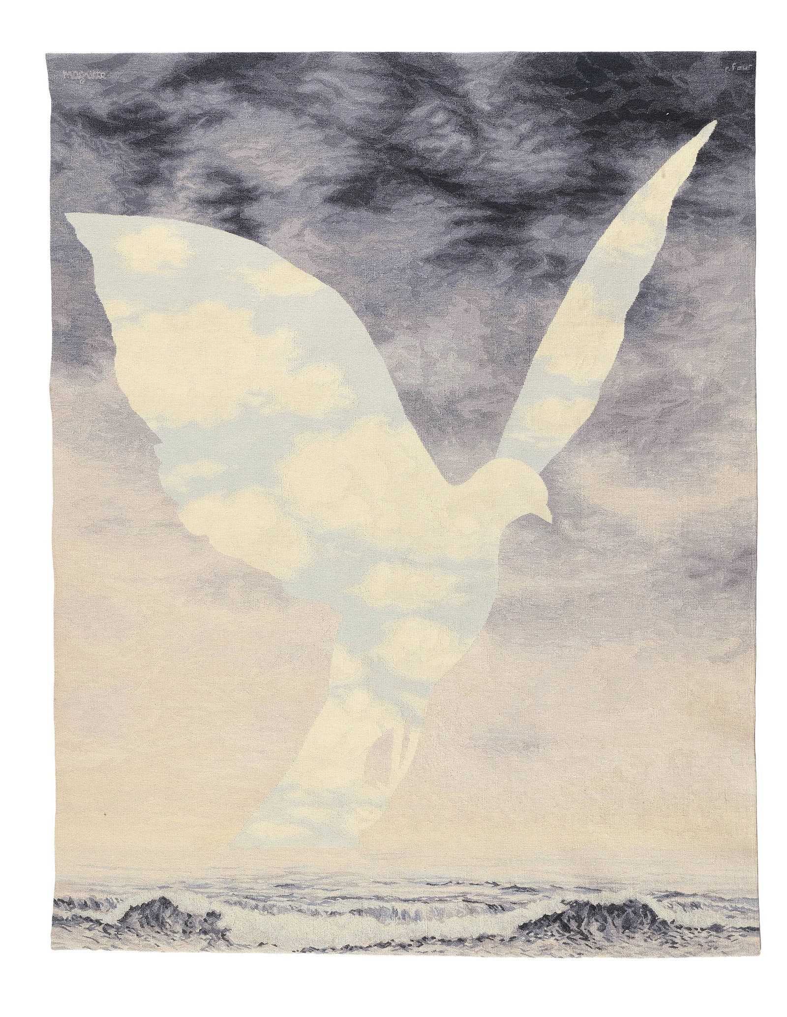 D'après René MAGRITTE: D'après René MAGRITTE « La grande famille » – circa 1963 Laine Édition Manufacture d’Aubusson Robert Four Signé «Magritte» et «R. Four»