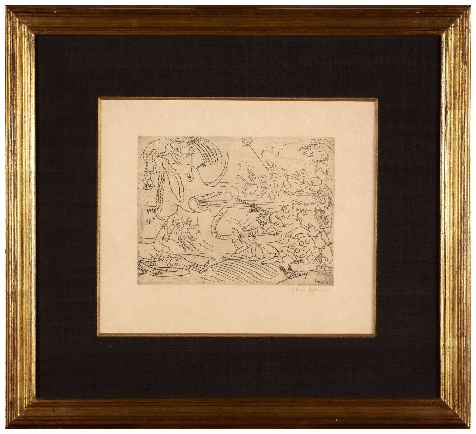 James ENSOR: James ENSOR La blague de l’éléphant - 1888 Eau-forte sur papier imitation Japon Signée dans la planche ; contresignée et datée au crayon 28 x 33 cm
