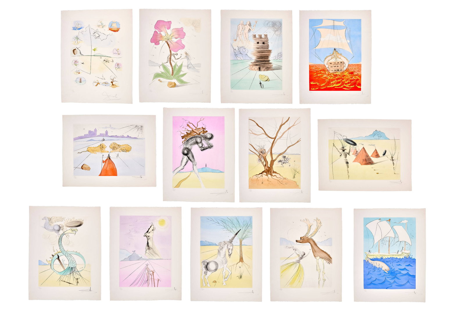 Salvador DALÍ: Salvador DALÍ Les douze tribus d'Israël - 1973 13 eau-fortes, pointe sèche et pochoir en couleurs de Dalí rehaussées à l'aquarelle, toutes signées et