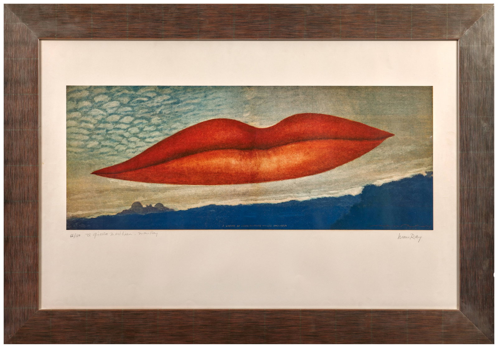 MAN RAY: MAN RAY Les Amoureux à l'heure de l'Observatoire - 1967 Lithographie en couleurs Signée, numérotée "66/150", dédicacée "à Gisela Morihien" et contresignée 66 x