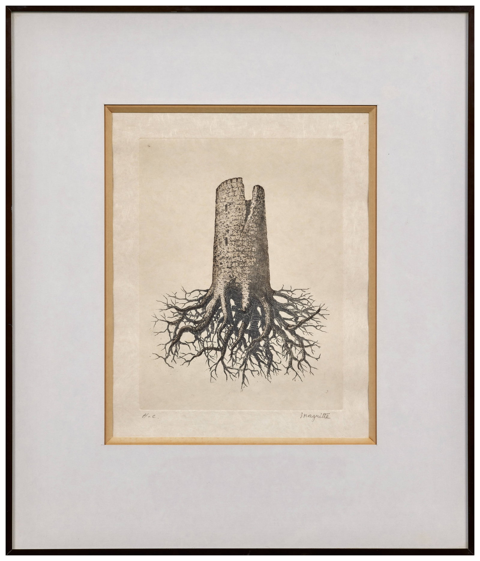 René MAGRITTE: René MAGRITTE La Folie Almayer - 1968 Planche III issu de "Lien de paille" Eau-forte en noir sur Japon nacré Signée et justifiée « HC » au crayon 23,5 x 18,5