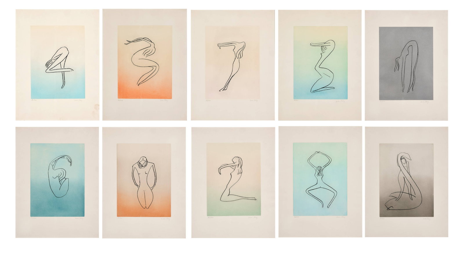 MAN RAY: MAN RAY Les Anatomes (10 planches) - 1970 10 eaux-fortes et aquatintes en couleurs Chacune signée et numérotée "82/100" au crayon 65 x 49,5 cm - encadrée (l'une) ��