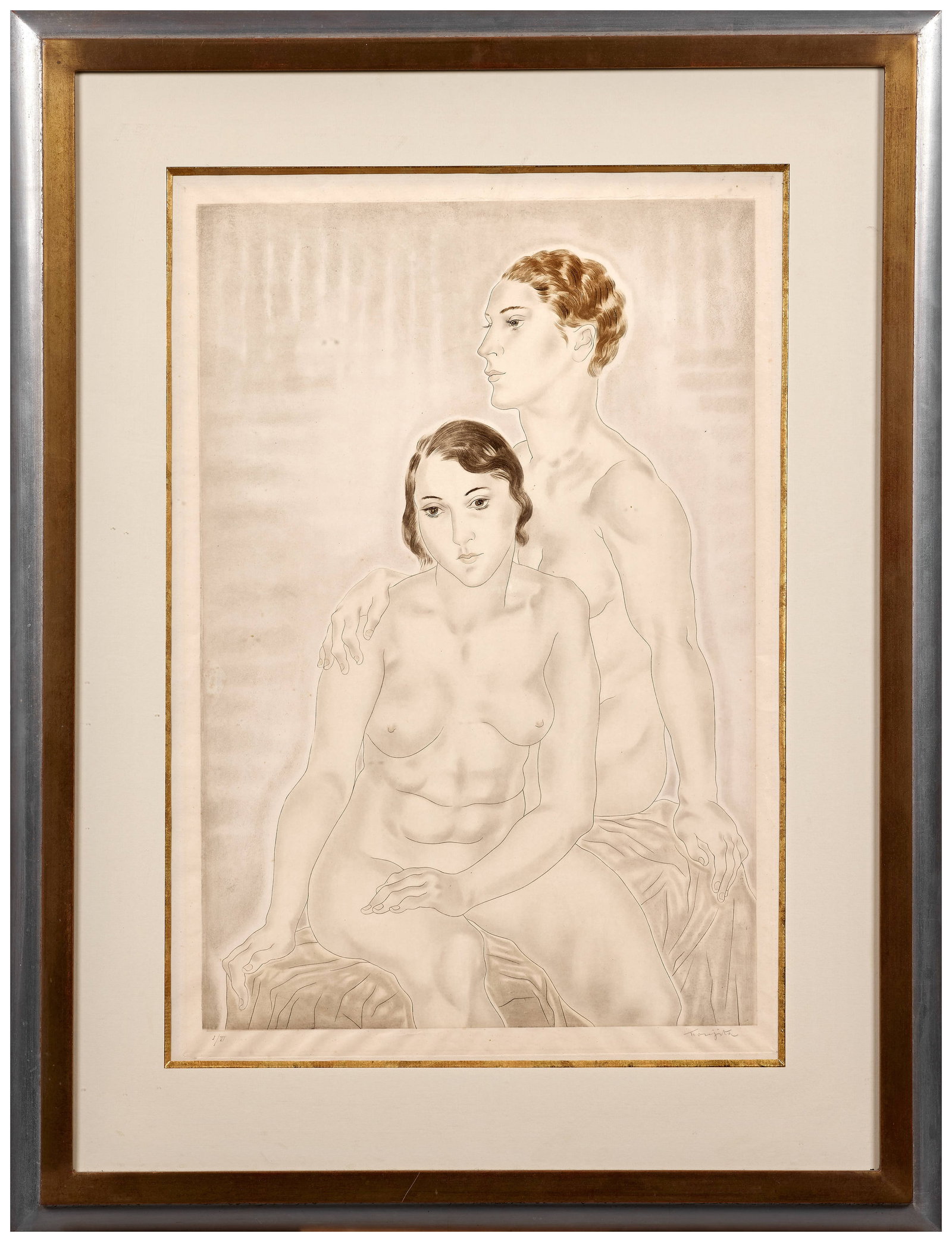 Léonard Tsuguharu FOUJITA: Léonard Tsuguharu FOUJITA Deux nus assis - 1930 Issue du portfolio "Les Femmes" Eau-forte et aquatinte en couleurs Signée et numérotée "I/VI" 60 x 41 cm (à vue) -