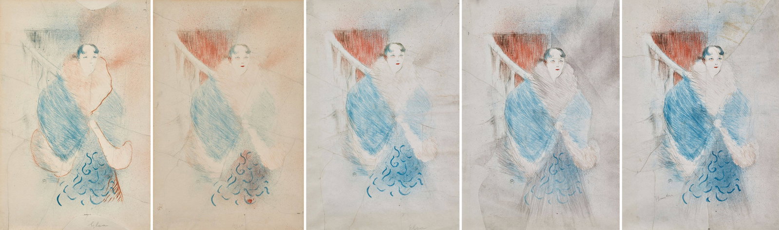 Henri de TOULOUSE-LAUTREC: Henri de TOULOUSE-LAUTREC Elsa, Dite La Viennoise (Elsa, Known as the Viennese) - 1897 Lithographies en couleurs 5 états de couleurs dont une signée 56,7 x 37,5 cm Ces 5 états sont