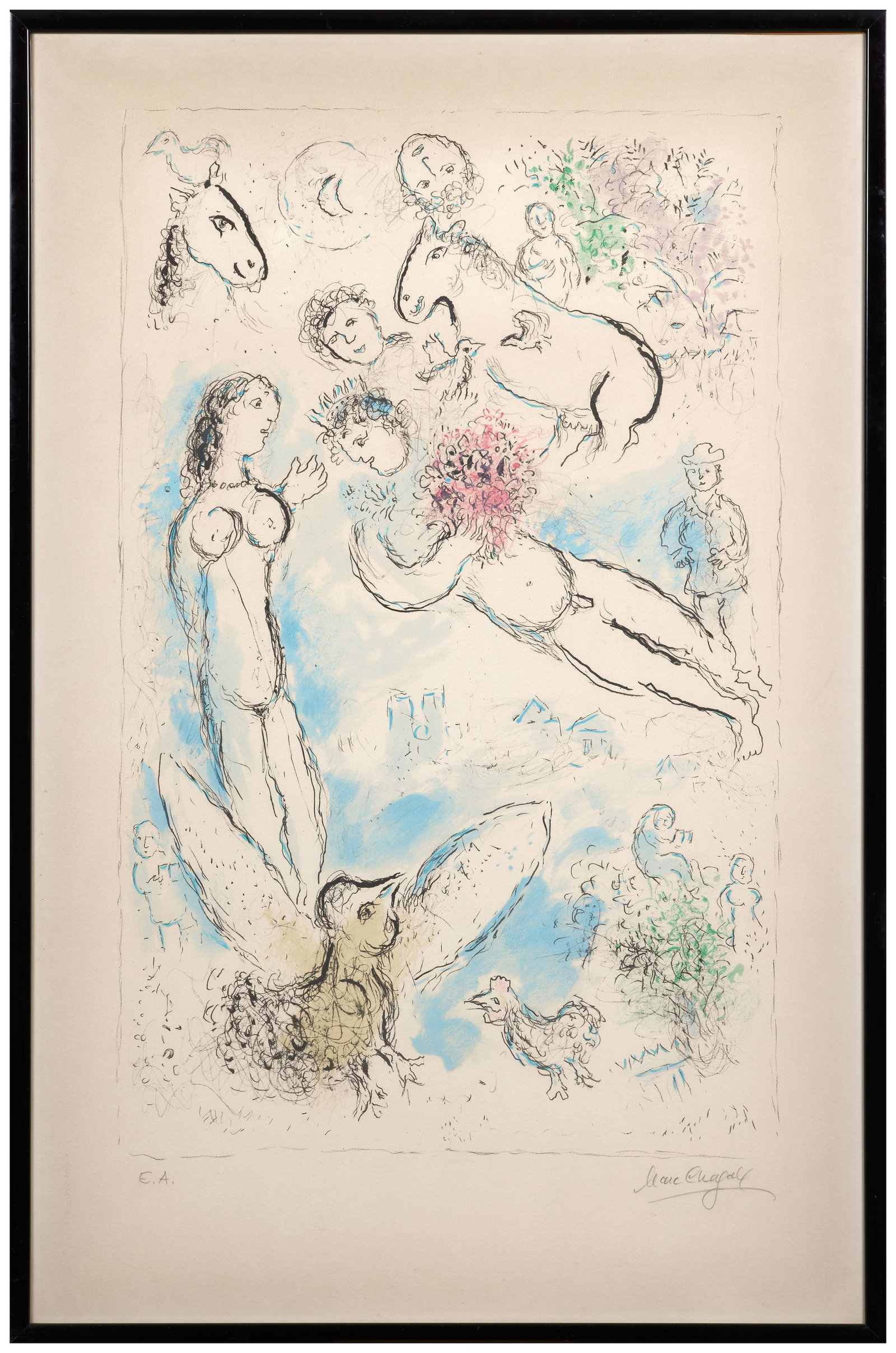 Marc CHAGALL: Marc CHAGALL L’envolée magique – 1980 Lithographie en couleurs Épreuve d'artiste signée 116 x 75 cm - encadrée Éditions Maeght, Paris
