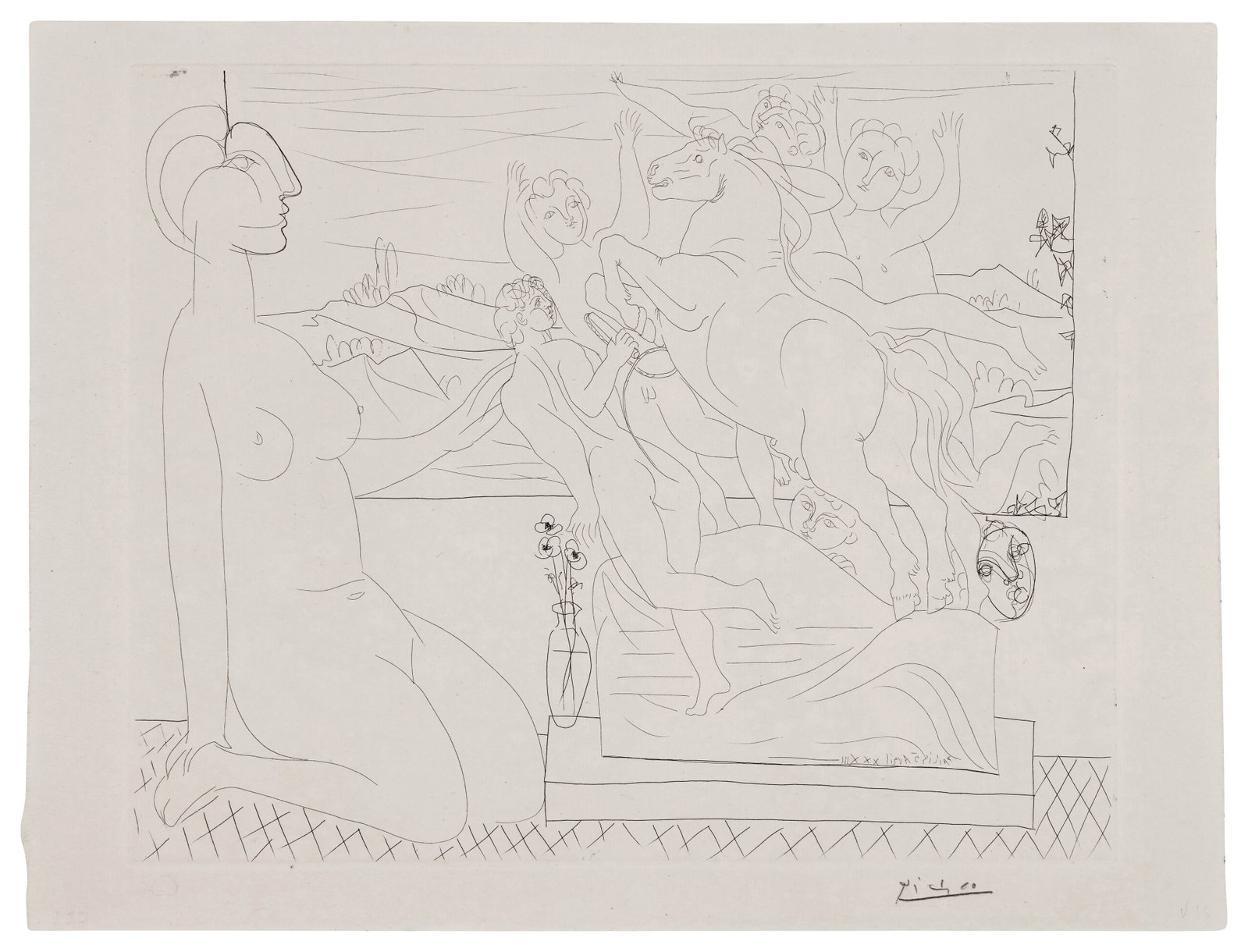 Pablo PICASSO: Pablo PICASSO Modèle contemplant un Groupe sculpté - 1933 Planche 66 de la Suite Vollard Eau-forte sur Vergé de Montval Signée 34 x 44,6 cm Porte le filigrane Vollard