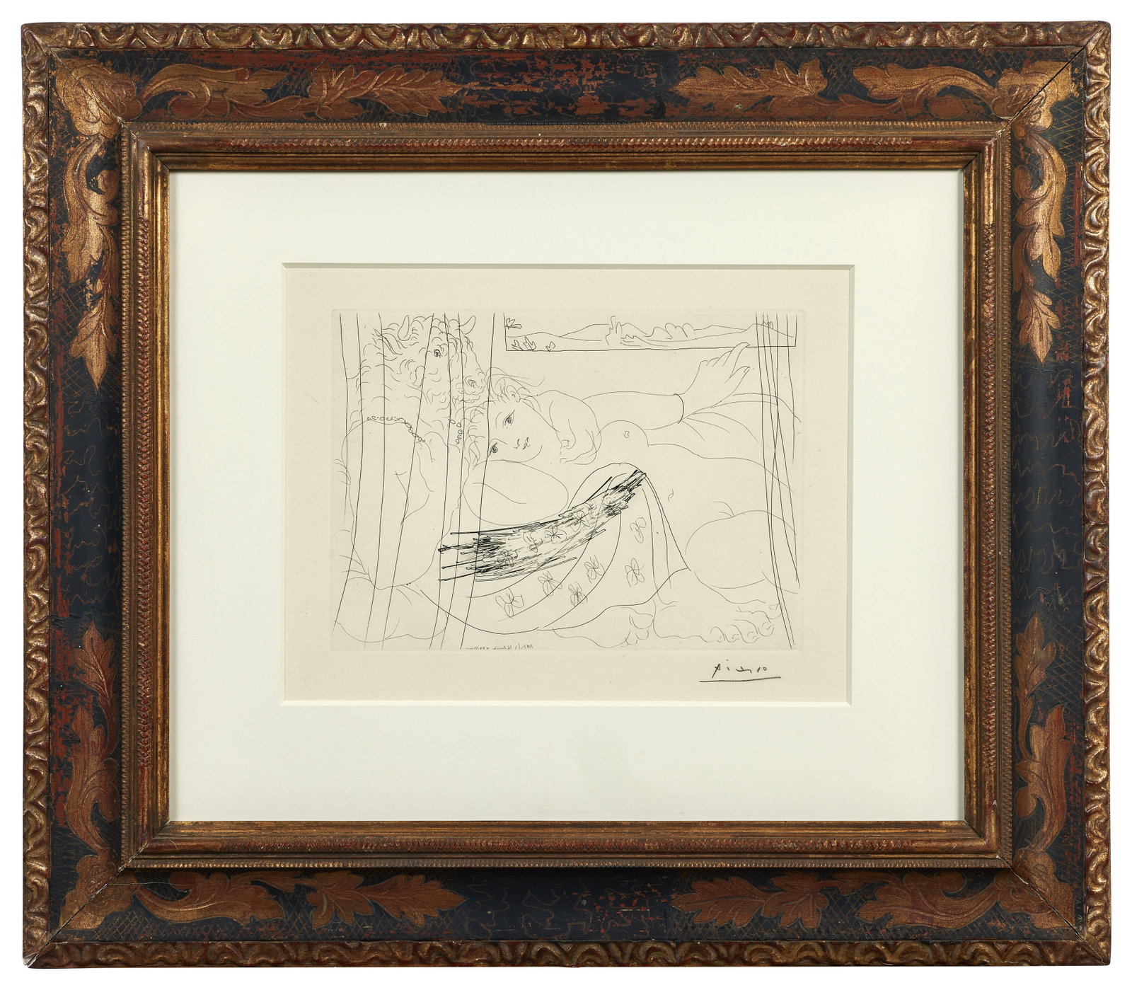 Pablo PICASSO: Pablo PICASSO Minotaure et Femme derrière un Rideau - 1933 Planche 91 de "La Suite Vollard" Eau-forte en noir Signée 24,5 x 31,6 cm (à vue) - encadrée Éditée par