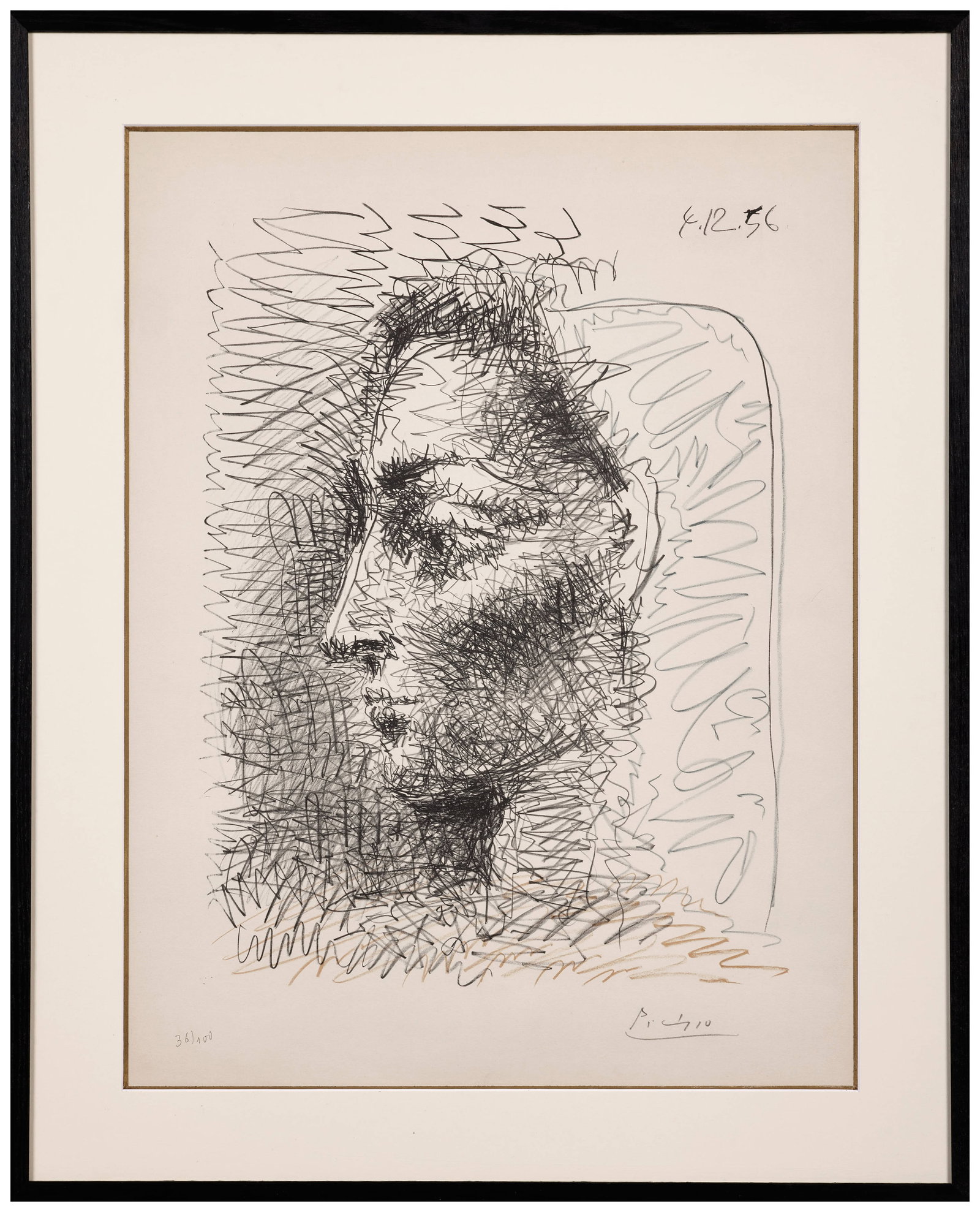 Pablo PICASSO: Pablo PICASSO Portrait de Jacqueline - 1955 Lithographie en noir sur presse offset Signée et numérotée "36/100" 62, 5 x 47,7 cm (à vue) - encadrée �� Bloch