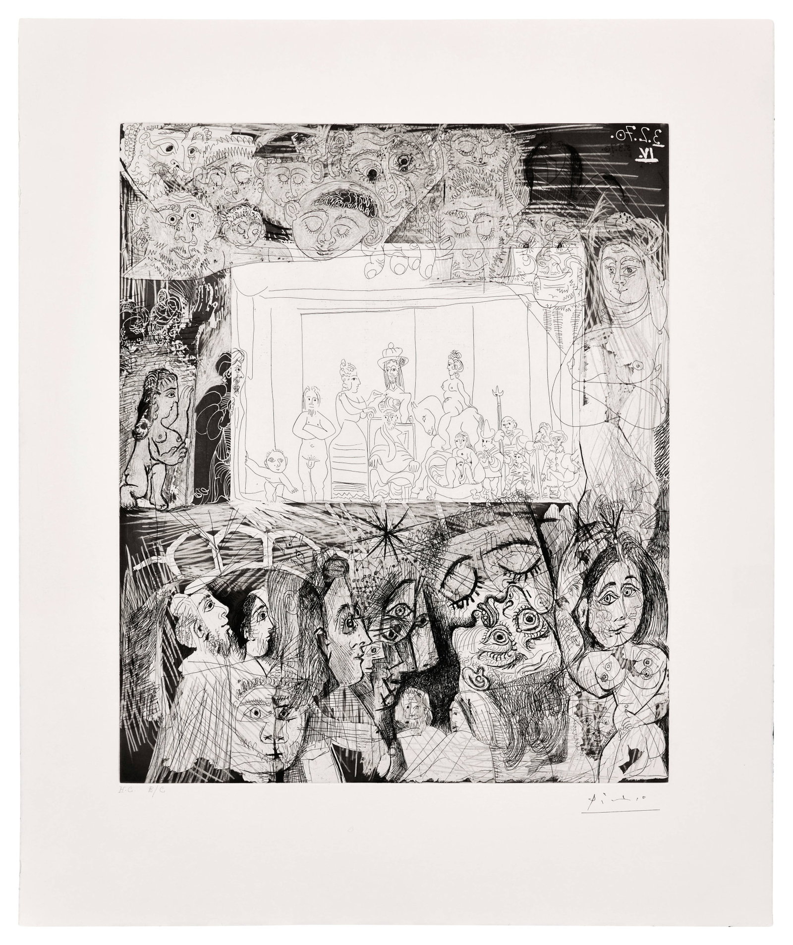 Pablo PICASSO: Pablo PICASSO Ecce Homo d'après Rembrandt - 1968/1972 Planche 10 de la suite des 156 Eau-forte, grattoir et pointe sèche en noir sur Vélin d'Arches Signé du cachet et