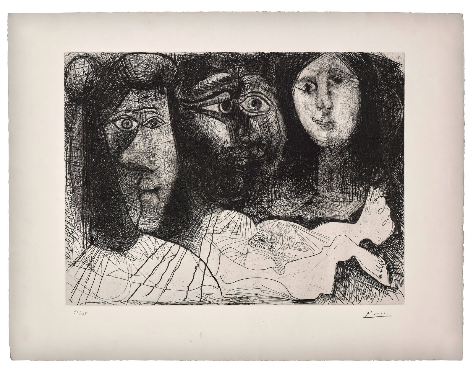 Pablo PICASSO: Pablo PICASSO Autoportrait aux deux femmes - 1972 Issue de "La Chute d'Icare" Eau-forte et pointe sèche en noir Signée et numérotée "99/125" 50,5 x 65,7 cm �� Bloch