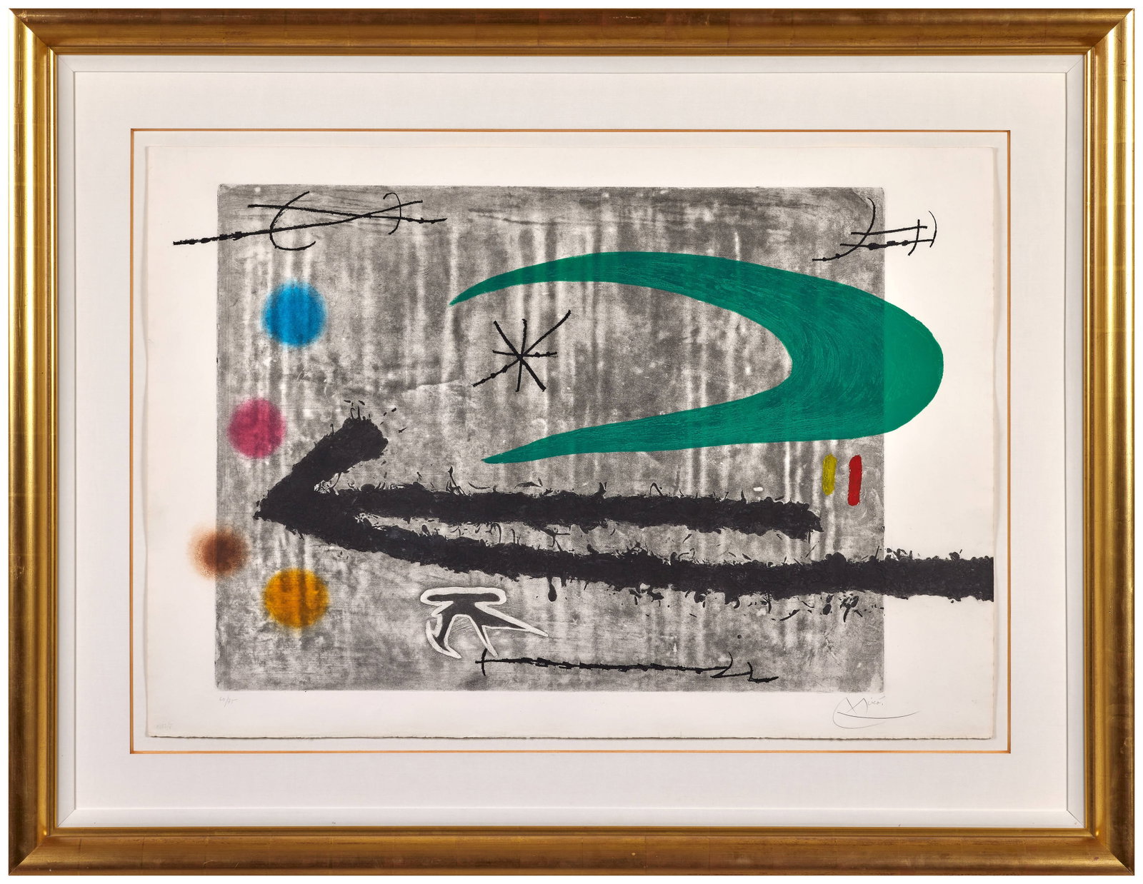 Joan MIRÓ: Joan MIRÓ Vers la gauche - 1968 Eau-forte, aquatinte et carborundum en couleurs Signée et numérotée "60/75" 72 x 103 cm - encadrée Éditions Maeght, Paris