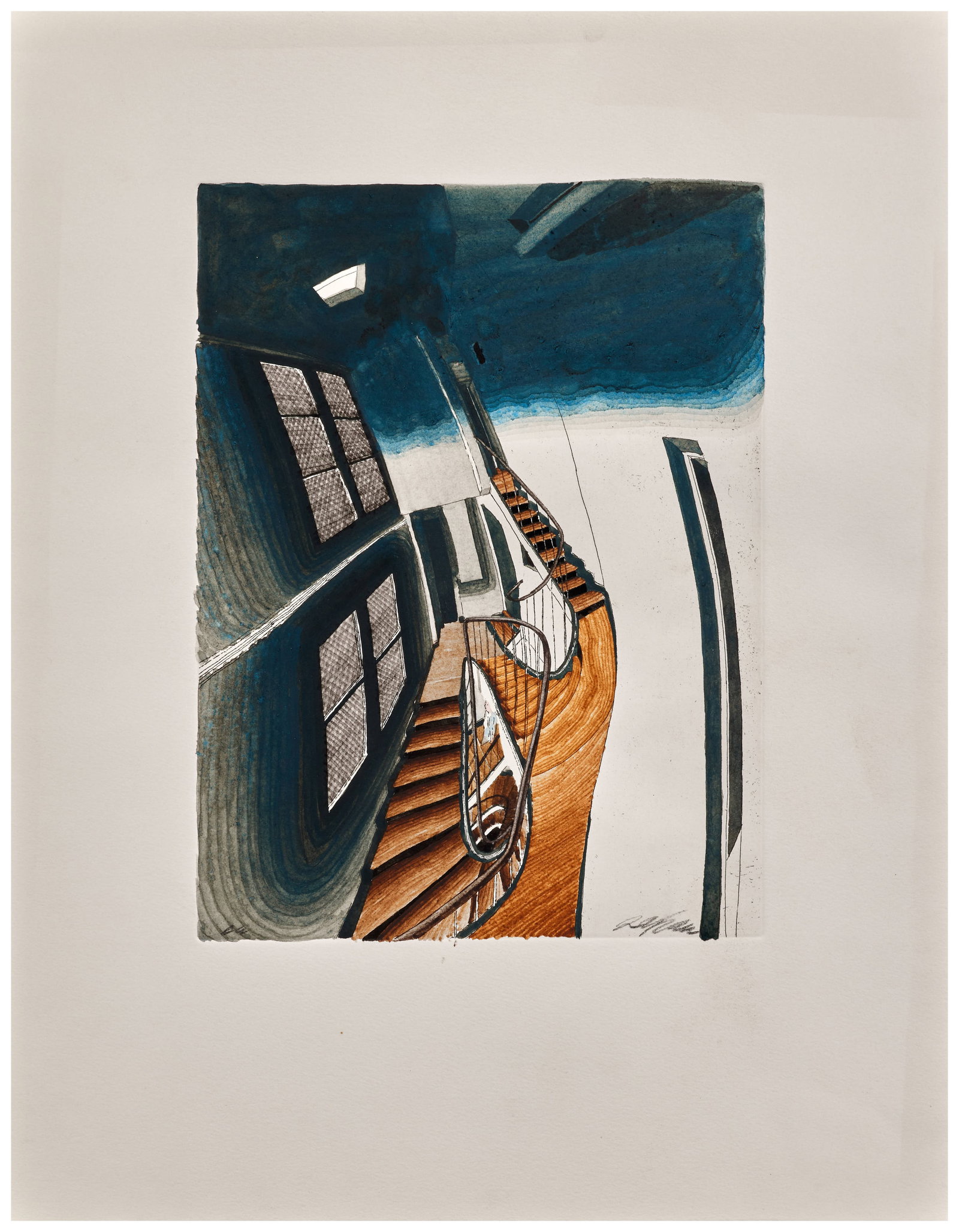 Sam SZAFRAN: Sam SZAFRAN L'escalier de la rue de Seine - 1975 Eau-forte en couleurs réhaussée à la gouache et à l'aquarelle Épreuve d'artiste signée 40,2 x 31,5 cm Etching in colors
