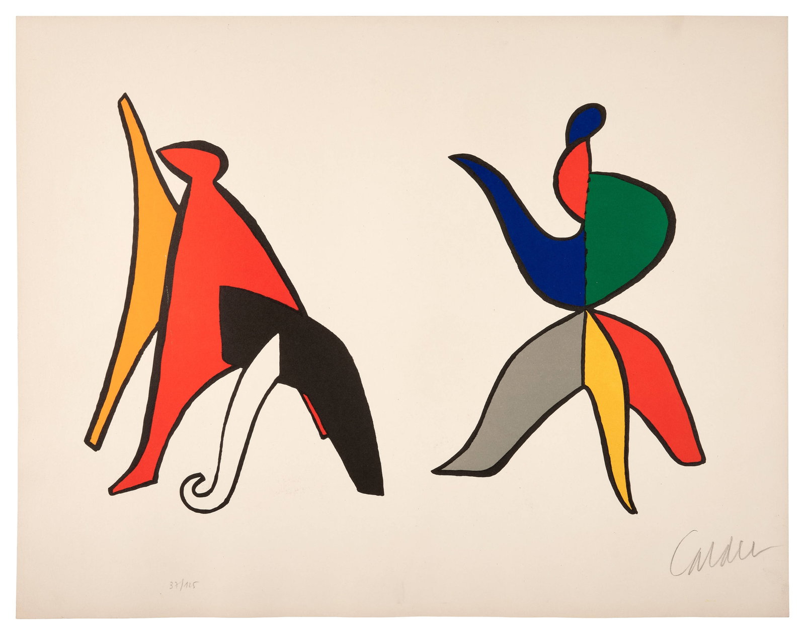 Alexander CALDER: Alexander CALDER Sabot et bonnet phrygien - circa 1965 Issue de "Stabiles" Lithographie en couleurs sur BFK Rives filigrané Signée et numérotée "37/125" 47 x 60 cm