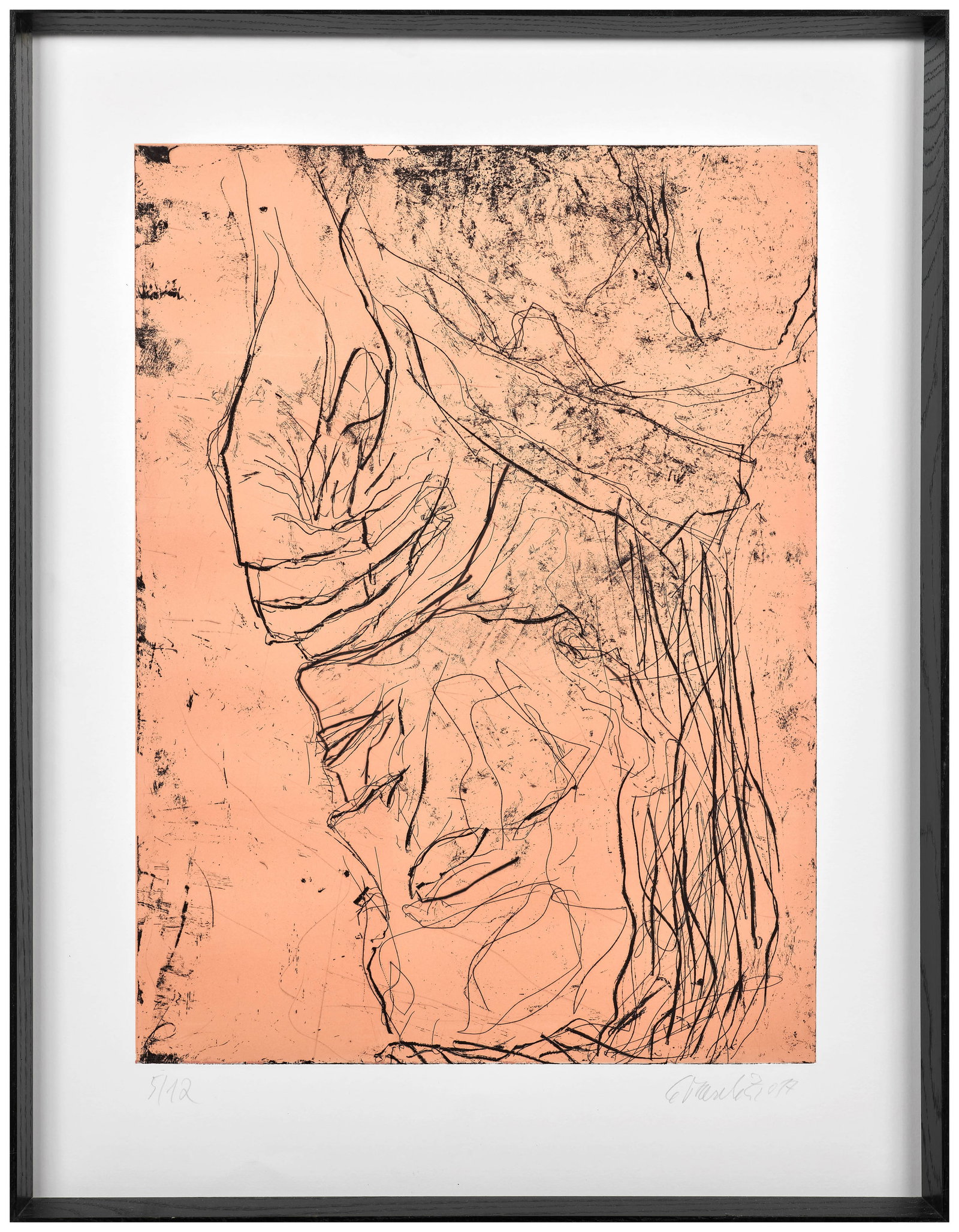 Georg BASELITZ: Georg BASELITZ Elke IX - 2017 Eau-forte et pointe sèche sur fond rose Signée, datée et numérotée "5/12" 83 x 64 cm - encadrée Etching and drypoint on pink background ;