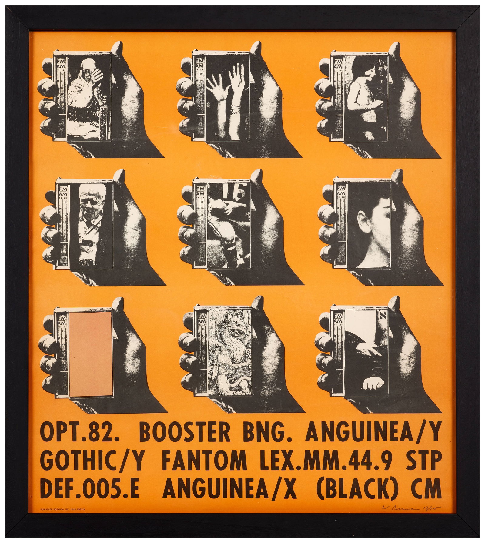 Wallace BERMAN: Wallace BERMAN OPT 82 BOOSTER BNG. ANGUINEA - 1967 Sérigraphie en couleurs Signée et numérotée "13/100" au crayon 62,5 x 55,5 cm - encadrée Screenprint in colors; signed and n