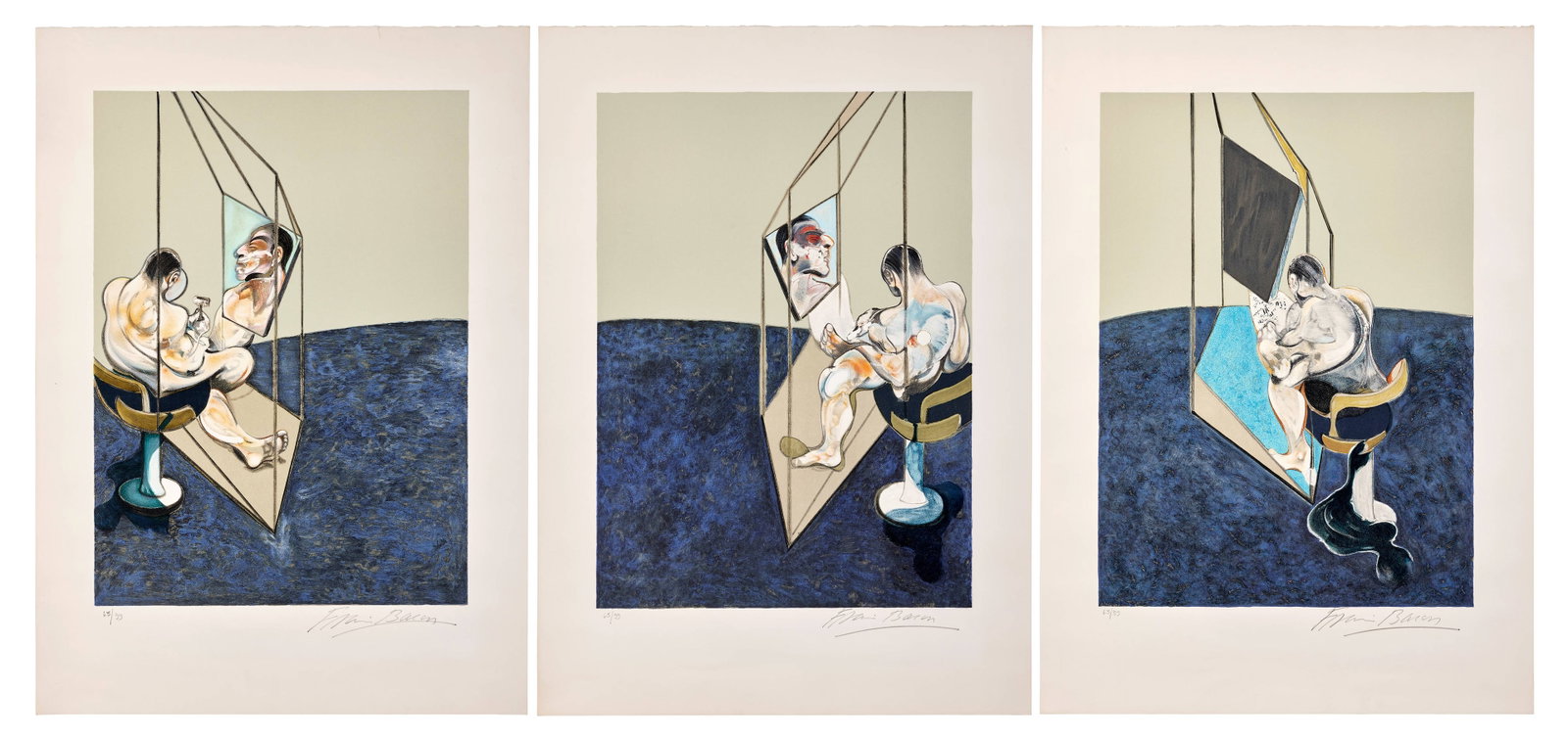 Francis BACON: Francis BACON Trois études de dos d'homme - 1987 Trois lithographies en couleurs sur Vélin d'Arches Chacune signée et numérotée "63/99" au crayon 80, 7 x 59, 1 cm -