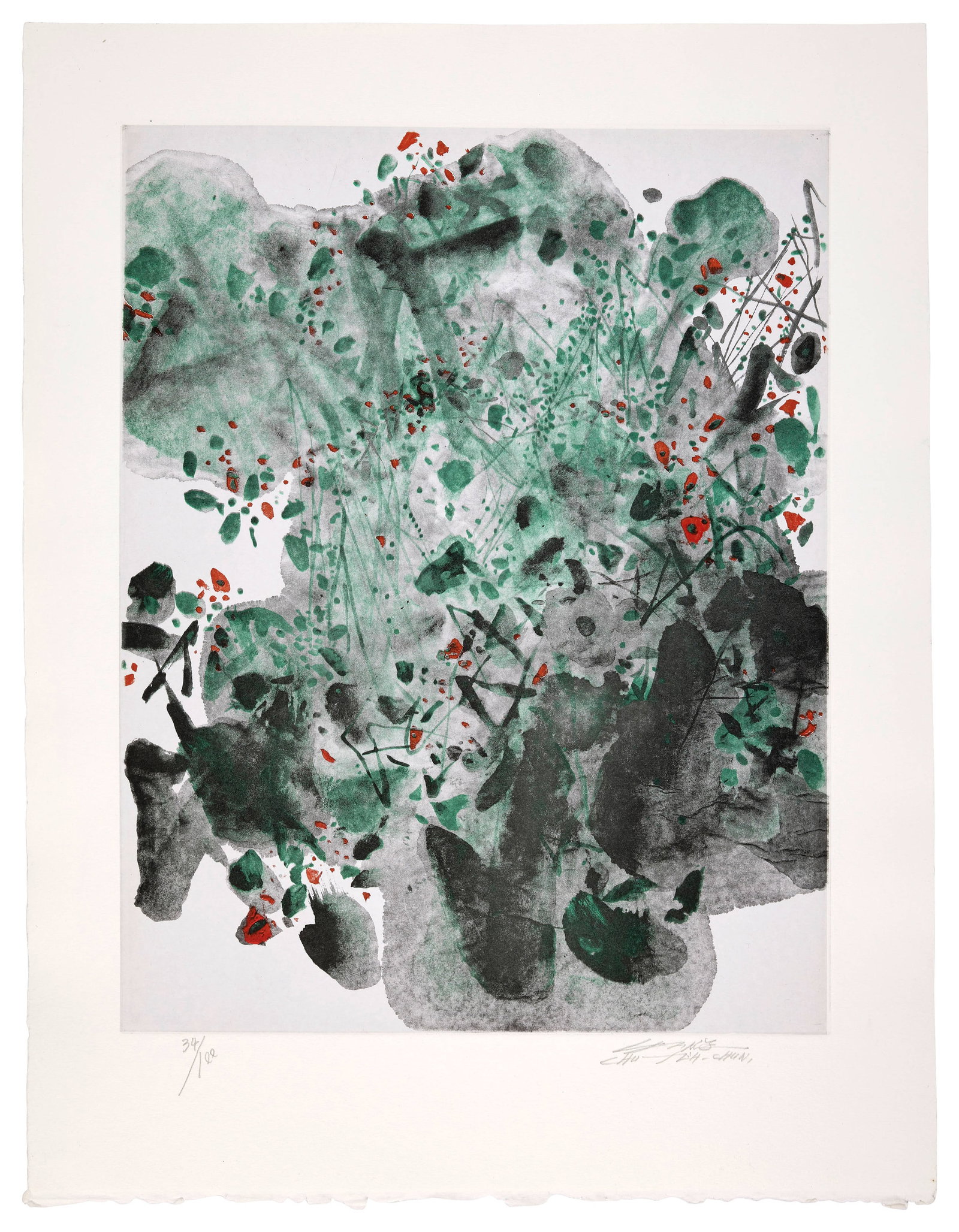 CHU TEH-CHUN: CHU TEH-CHUN Composition - circa 2000 Héliogravure en couleurs sur Chine appliqué sur Moulin du Gué Signée et numérotée "34/100" 57,4 x 44 cm Heliogravure in colors;