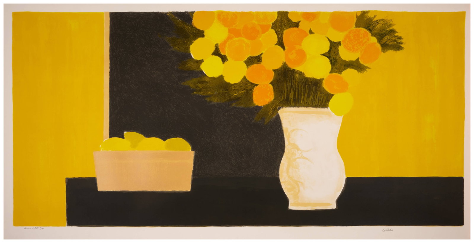 Bernard CATHELIN: Bernard CATHELIN Grande nature morte jaune et noire - 1990 Lithographie en couleurs sur Vélin d'Arches Signée et justifiée "Épreuve d'artiste 7/10" 124 x 250 cm Imprimée par A