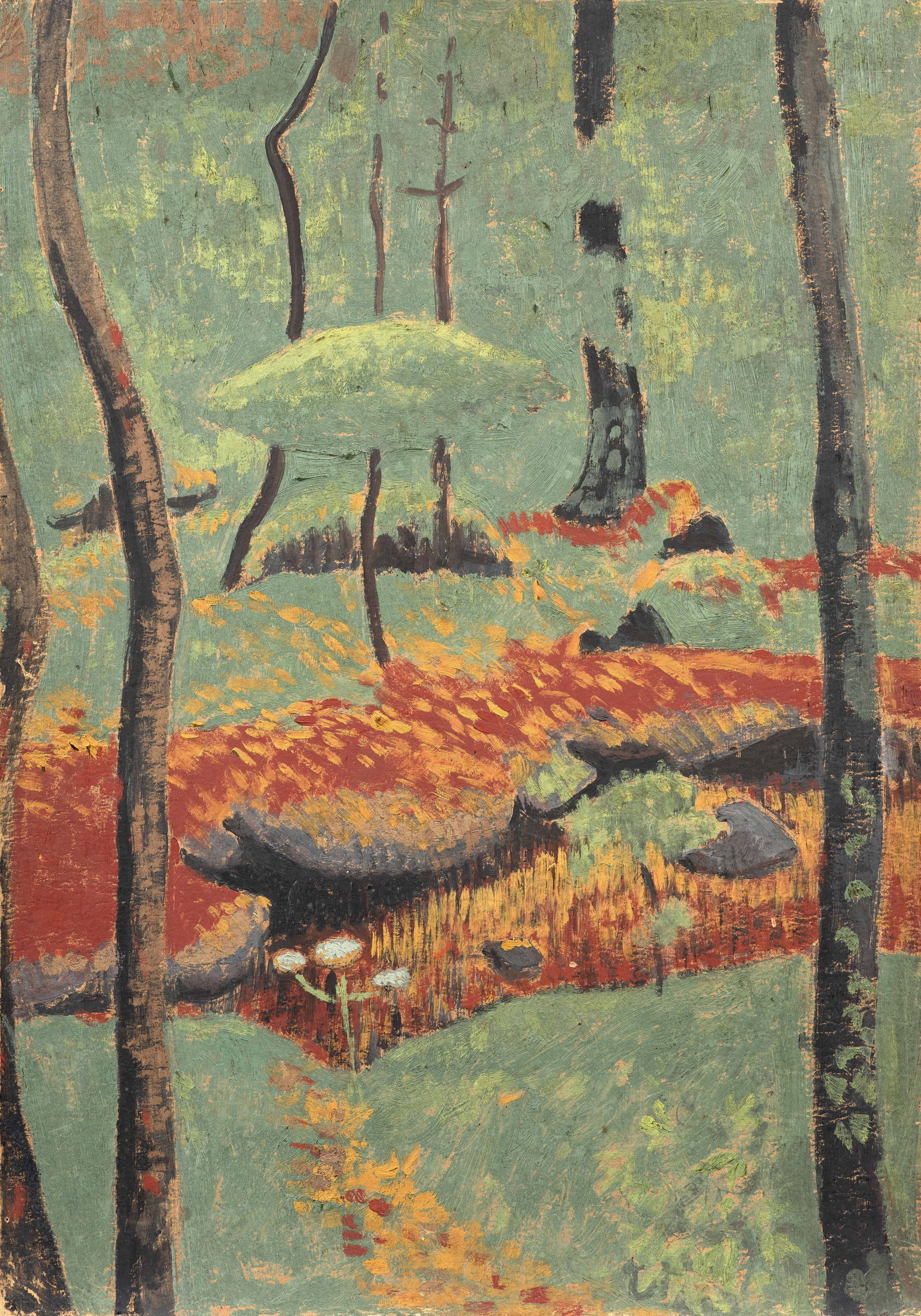 Paul SÉRUSIER: Paul SÉRUSIER Sous-bois aux arbres japonisants - circa 1917 Tempera sur carton marouflé sur contreplaqué 49.5 x 34.7 cm Provenance : Atelier de l’artiste Collection