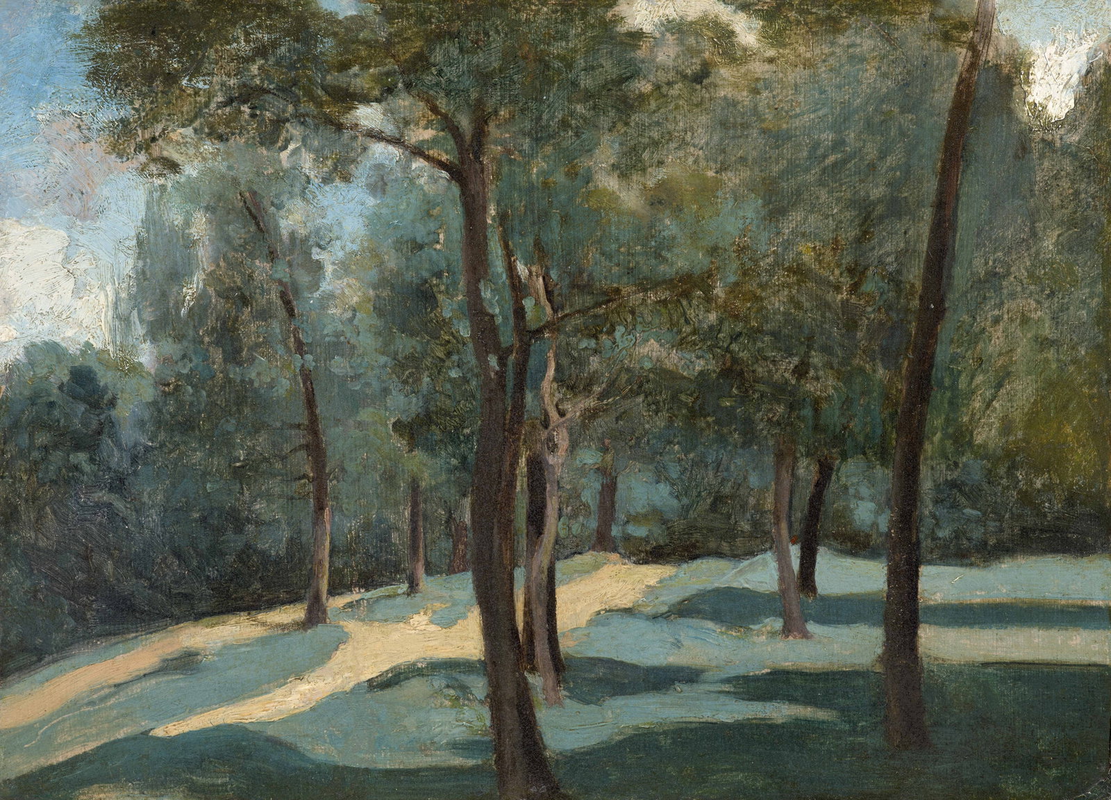 Jean-Baptiste Camille COROT: Jean-Baptiste Camille COROT (1796 - 1875) Allée de sous-bois – circa 1840-1845 Huile sur papier marouflé sur toile Trace de signature en bas à droite 27.5 x 37.5 cm Provenance :