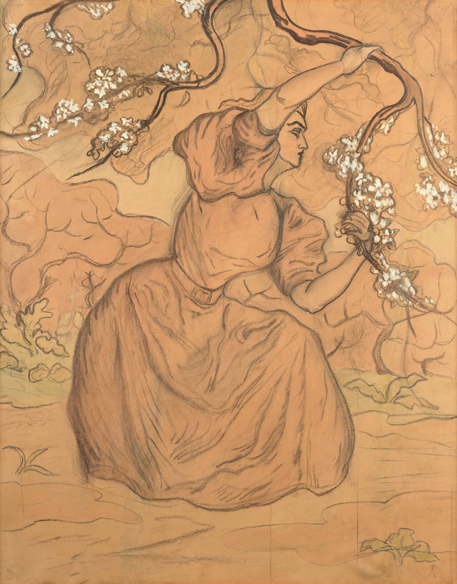 Paul-Élie RANSON: Paul-Élie RANSON Femme accroupie, étude pour Femmes sous les arbres en fleur ou Le Printemps - 1895 Fusain, aquarelle et gouache sur papier marouflé sur toile Cachet des initiales en