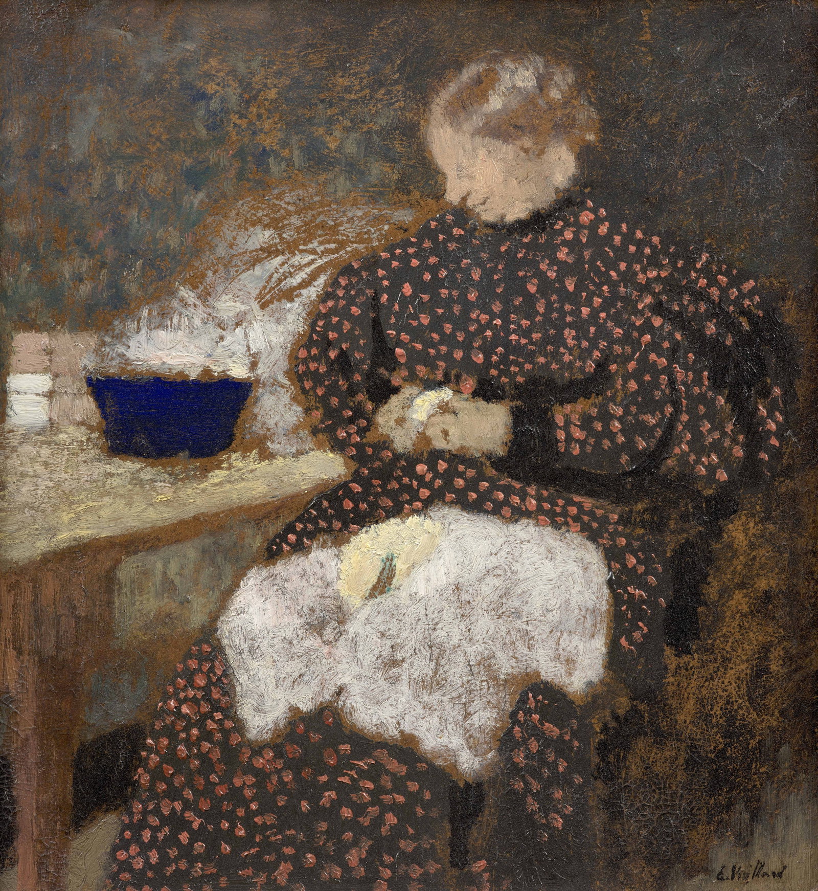 Edouard VUILLARD: Edouard VUILLARD Madame Vuillard épluchant des légumes - circa 1895 Huile sur carton Signé en bas à droite "E.Vuillard" 24.7 x 22.9 cm Provenance : Vente Paris, Hôtel Drouot,