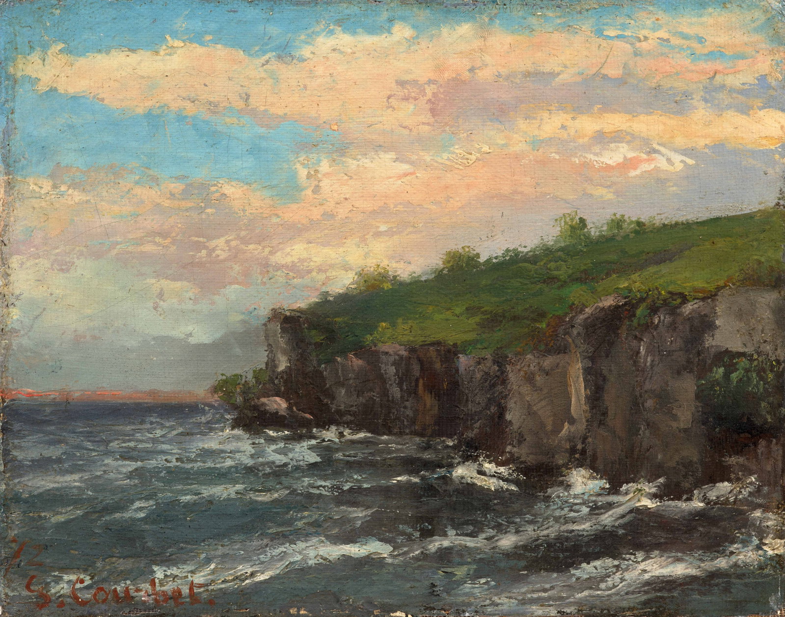 Gustave COURBET: Gustave COURBET (1819 - 1877 ) Petite falaise à droite, s’avançant vers la gauche - 1872 Huile sur toile marouflée sur panneau Datée et signée en bas à gauche "72
