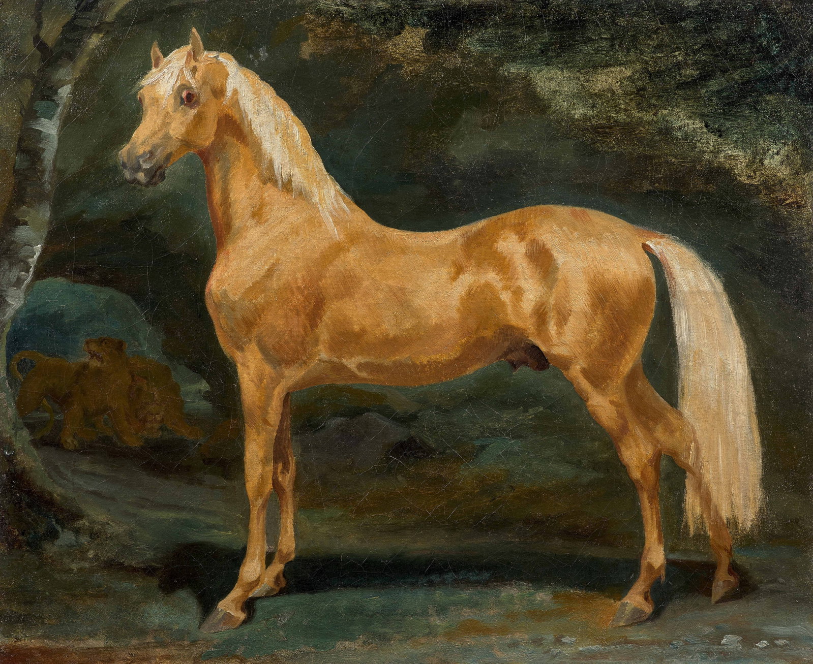 Théodore GÉRICAULT: Théodore GÉRICAULT (1791 - 1824 ) Cheval palomino effrayé par un lion et une lionne - 1822-1823 Huile sur toile 49.5 x 60 cm Provenance : Peut-être mentionné dans