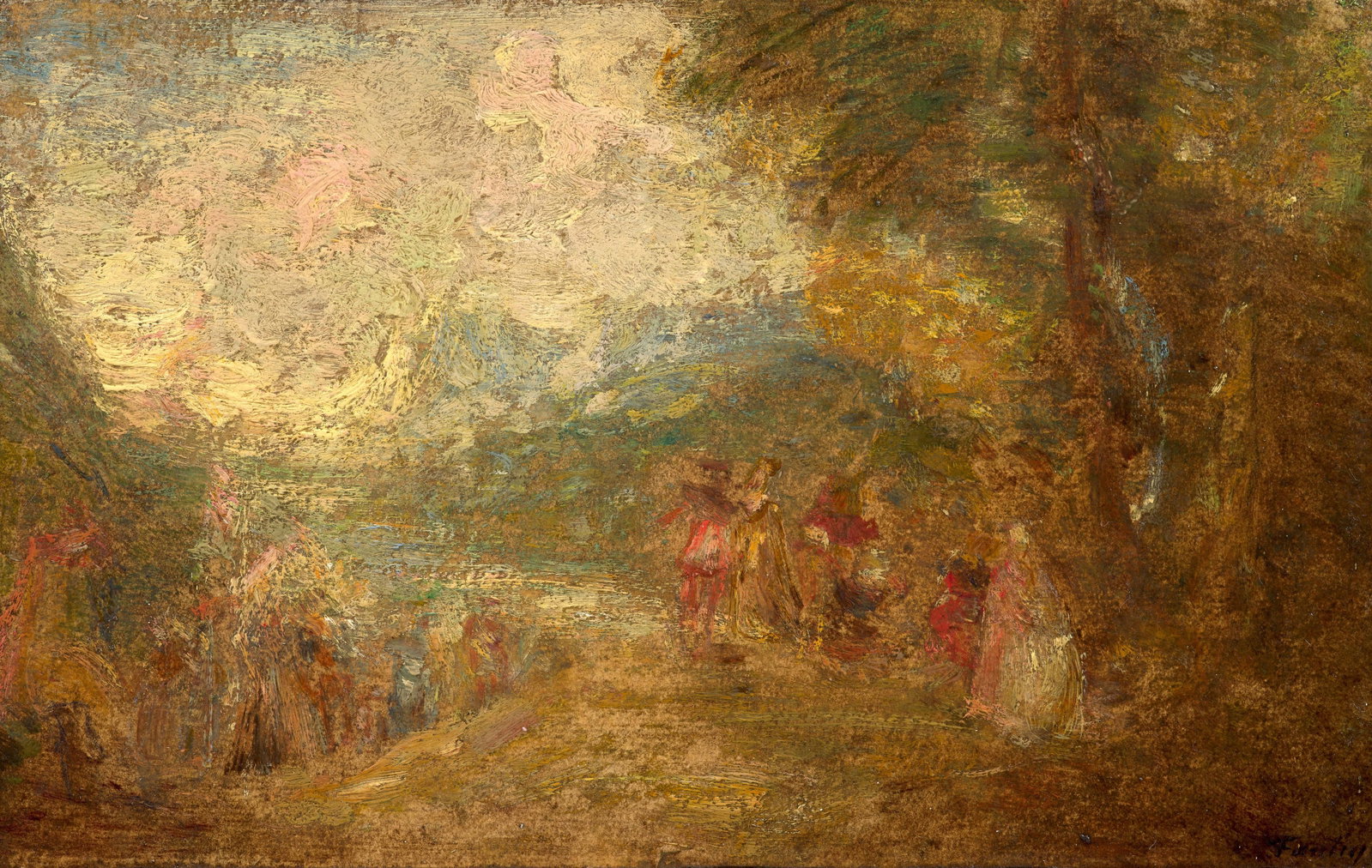 Henri FANTIN-LATOUR: Henri FANTIN-LATOUR (1836 - 1904) L’Embarquement pour Cythère, d’après Antoine Watteau - 1869 Huile sur papier marouflé sur toile Signé en bas à droite "Fantin"