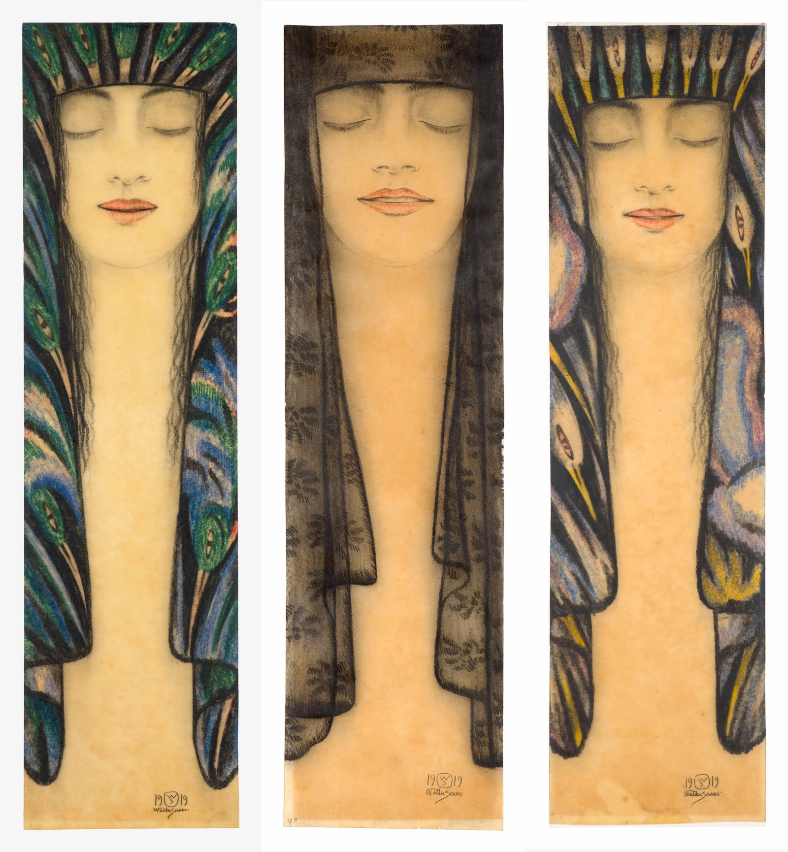 Walter SAUER: Walter SAUER Ensemble de trois œuvres sur papier 1. Méditation - 1919 Fusain et pastel sur papier calque ciré Signé, signé des initiales et daté en bas à droite