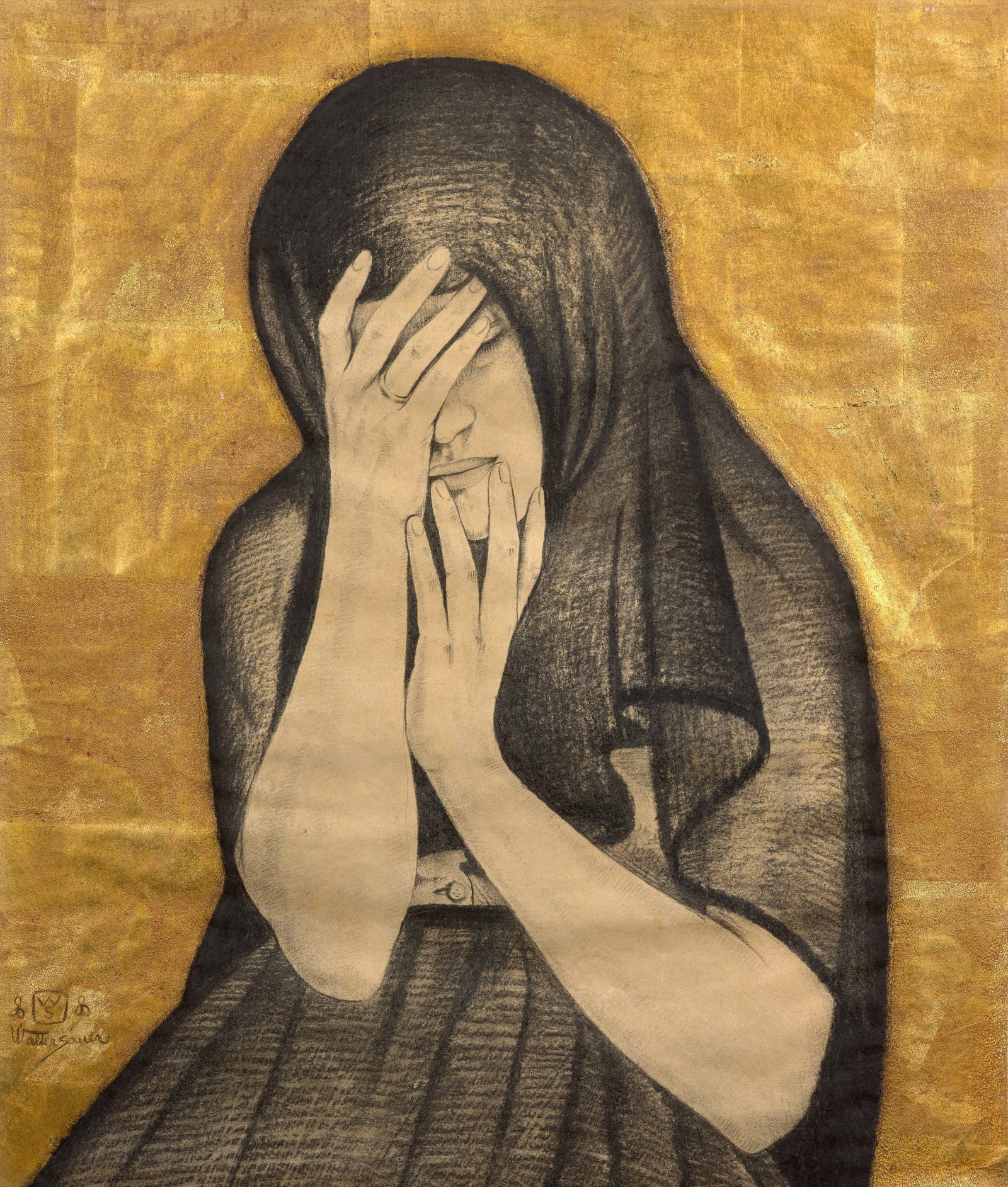 Walter SAUER: Walter SAUER L'angoisse - circa 1921-1922 Crayon, pastel et feuille d’or sur papier Initiales et signature apocryphe en bas à gauche "WS/Walter Sauer" 35.8 x 30.3 cm Provenance :