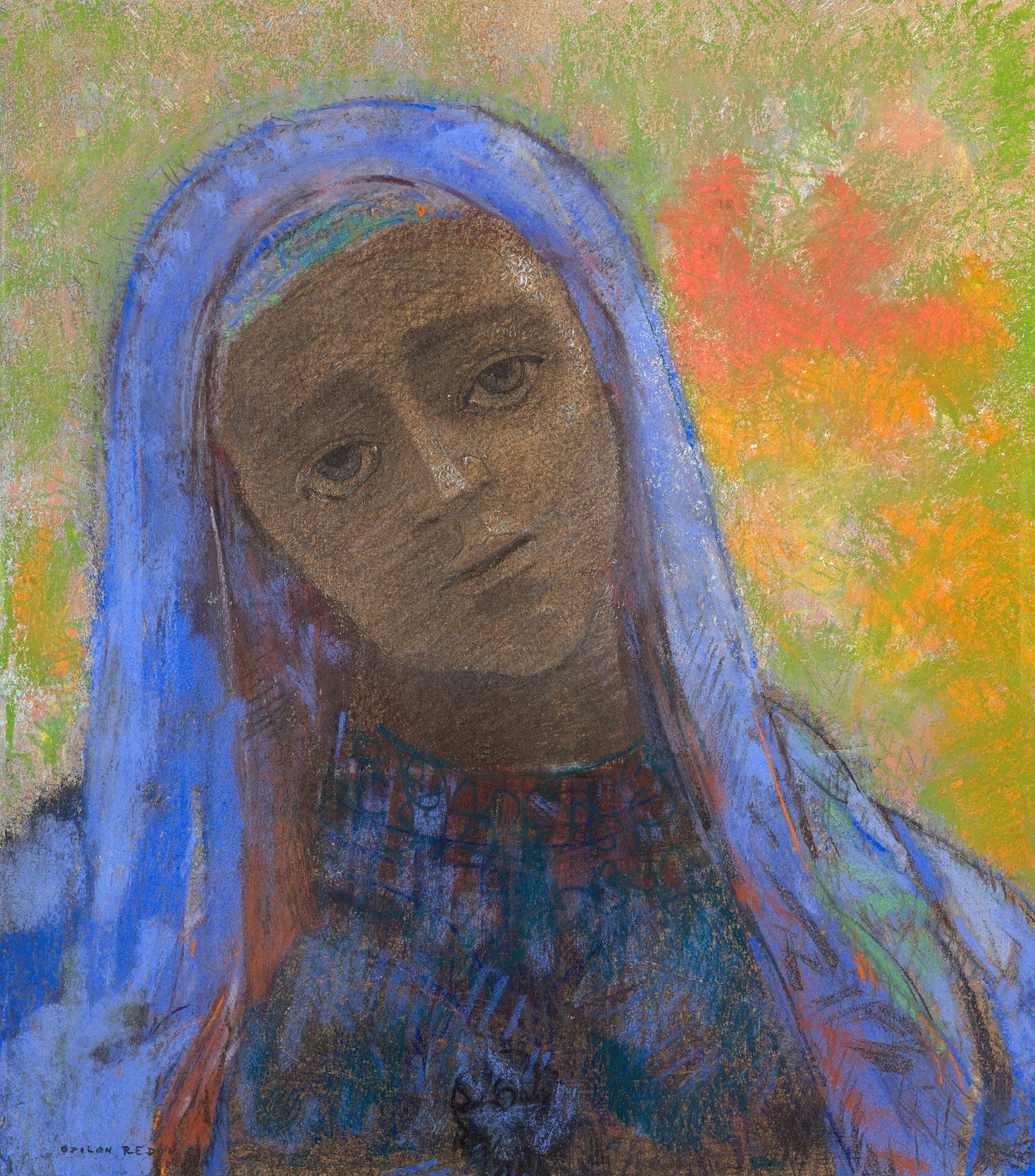 Odilon REDON: Odilon REDON Tête de femme voilée de bleu - 1890-1895 Pastel et crayon sur papier Signé en bas à gauche "ODILON REDON" 39.5 x 34.5 cm Provenance : Collection Küther, Naarden,