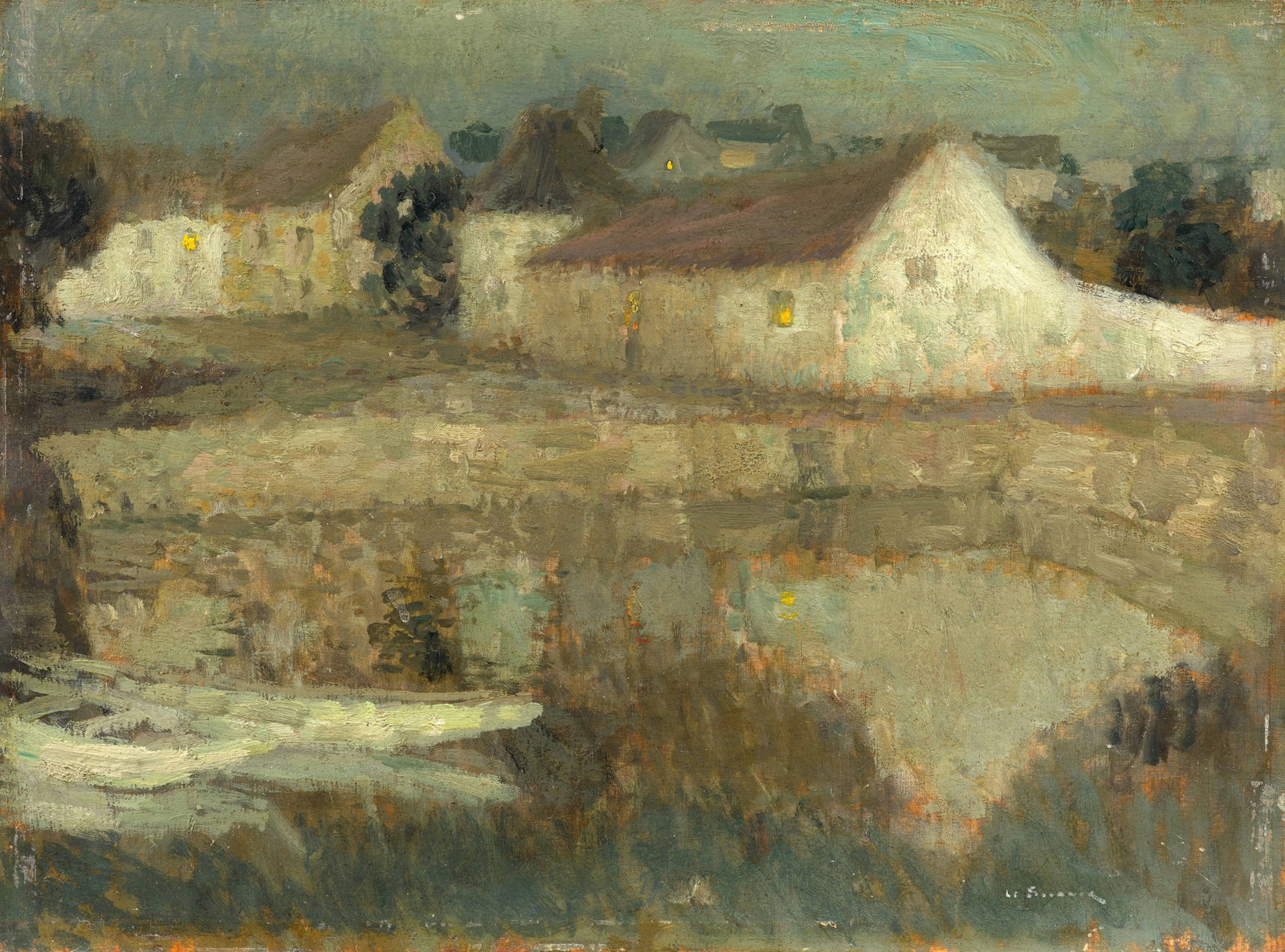 Henri LE SIDANER: Henri LE SIDANER Le Port au clair de lune, Montreuil-Bellay - 1901 Huile sur panneau Signé en bas à droite "Le Sidaner" 26.7 x 36 cm Provenance : Collection Charles André Duflot, Paris
