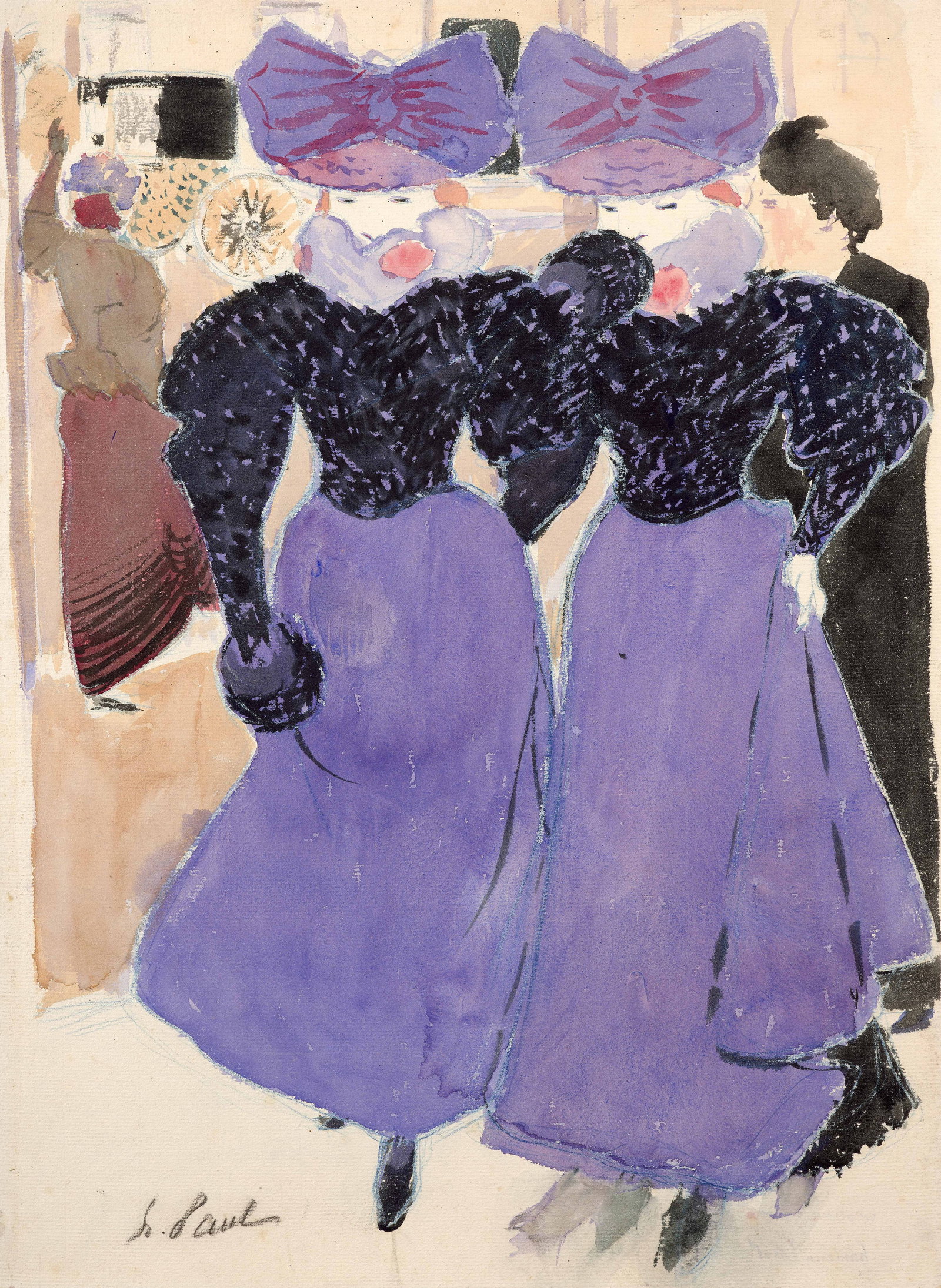 René-Georges HERMANN-PAUL: René-Georges HERMANN-PAUL Elégantes sur les boulevards - 1895 Aquarelle, gouache et encre de Chine sur papier Signé en bas à gauche "h.Paul", daté, annoté, cachet de la