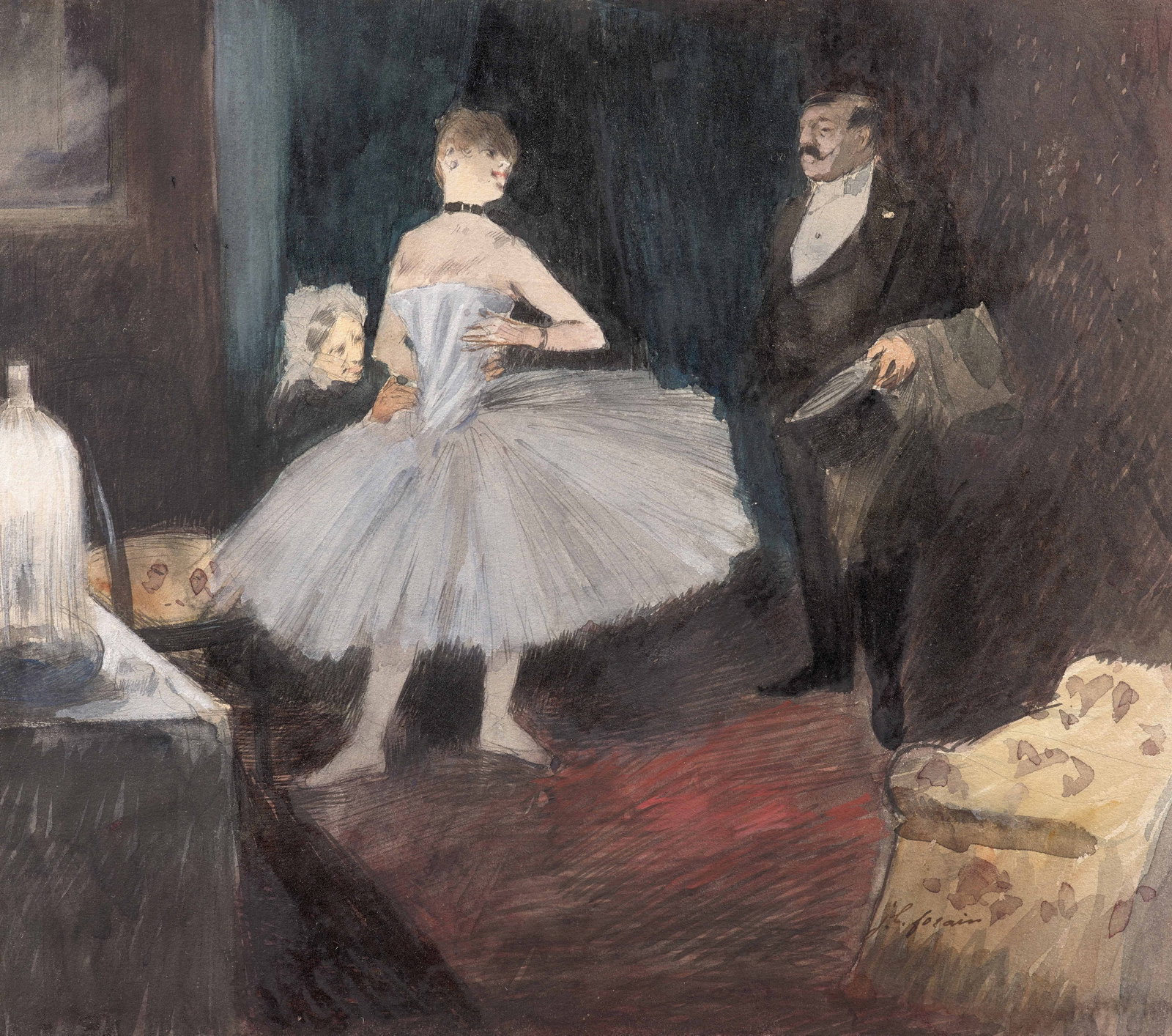 Jean-Louis FORAIN: Jean-Louis FORAIN (1852 - 1931) Visite dans la loge de la danseuse - circa 1880 Aquarelle et gouache sur traits de plume et encre brune sur papier Signé en bas à droite "j.l.forain" 26 x
