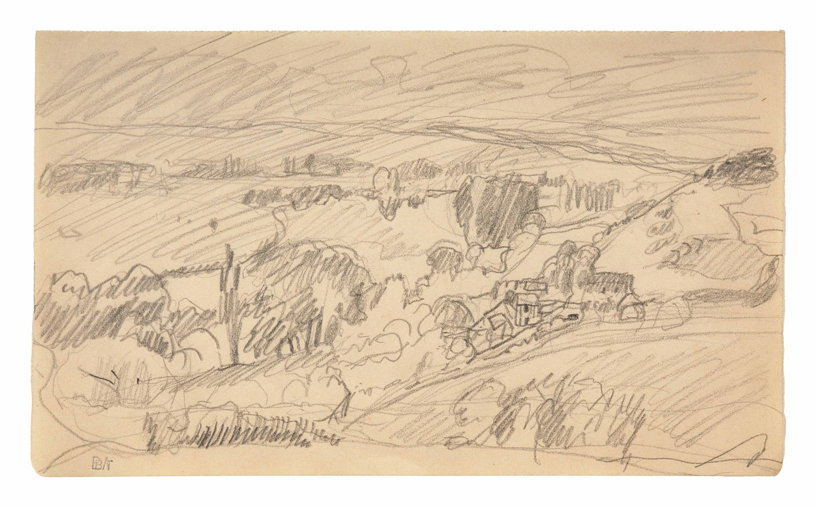 Pierre BONNARD: Pierre BONNARD Collines et maisons - circa 1914 Crayon sur papier Cachets du monogramme et de la collection Antoine Terrasse en bas à gauche "PB" (Lugt L.3887), "AT" 12.4 x 20.9 cm Provenance :