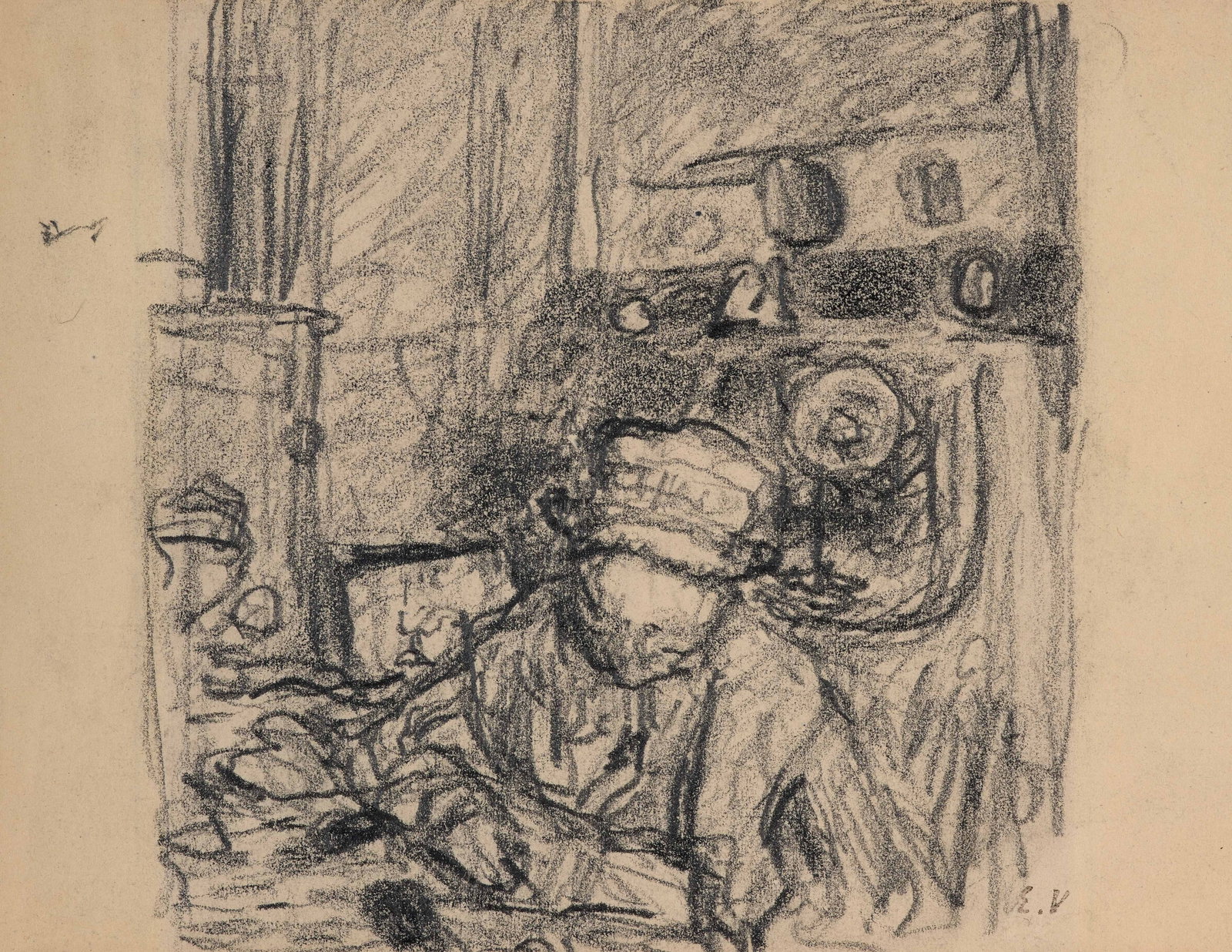 Edouard VUILLARD: Edouard VUILLARD Madame Vuillard, rue de Calais - circa 1916-1920 Crayon sur papier Cachet des initiales en bas à droite "E.V" (Lugt. L.909c) Feuille: 11,50 x 15,30 cm - 4 1/2 x 6 in.