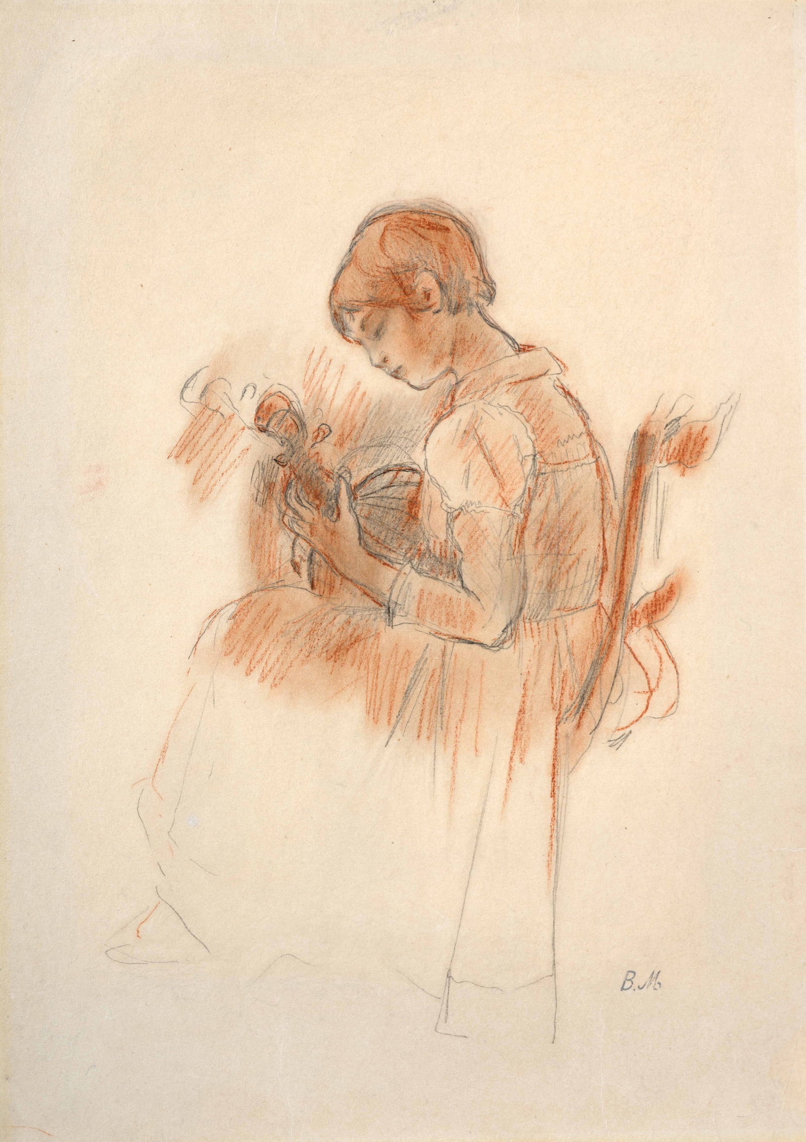 Berthe MORISOT: Berthe MORISOT Julie à la mandoline - 1889 Sanguine et crayon sur papier Cachet de l'atelier en bas à droite "B.M." 34.7 x 24.7 cm Provenance : Atelier de l’artiste Collection